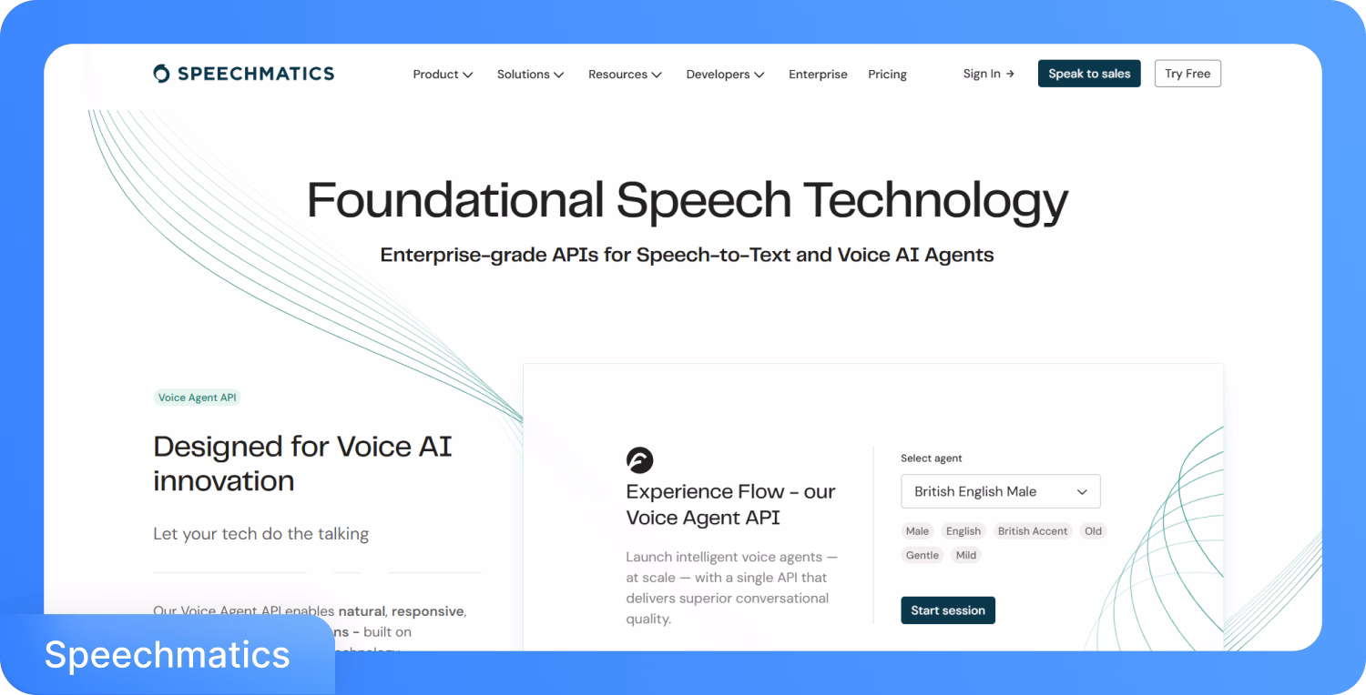 דף הבית של Speechmatics המציג ממשקי API ברמה ארגונית להמרת דיבור לטקסט וסוכני בינה מלאכותית קולית.