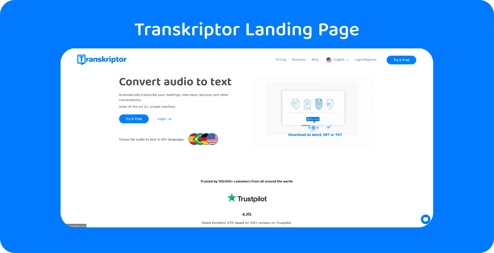 סביבת עבודה מונפשת עם לוגו Transkriptor, הממחישה את תהליך תרגום הכתוביות במחשב.