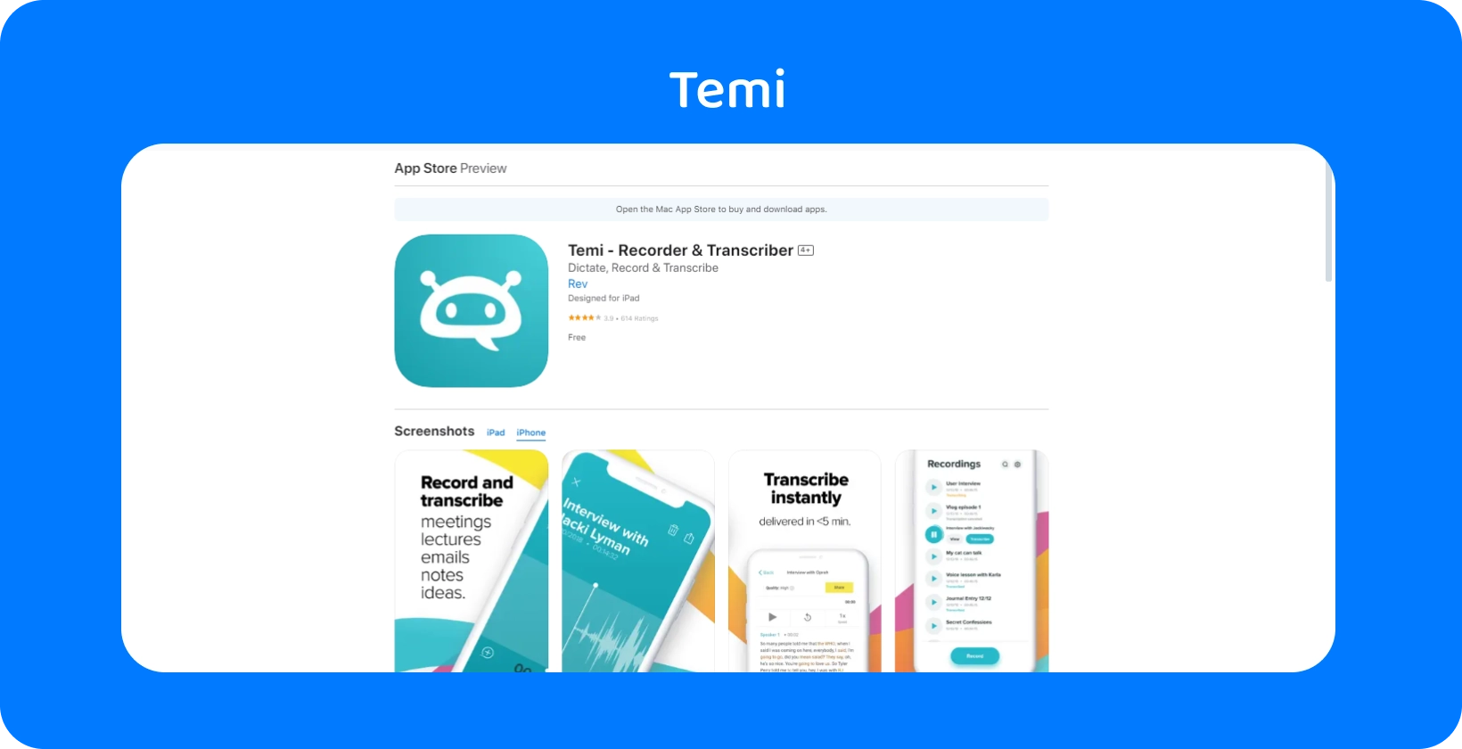 Skjámynd af Temi App Store skráningu, með áherslu á skjóta upptöku og augnablik umritunareiginleika.