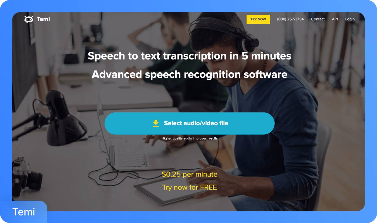 Interfaz del servicio de transcripción de voz a texto Temi con detalles de precios.