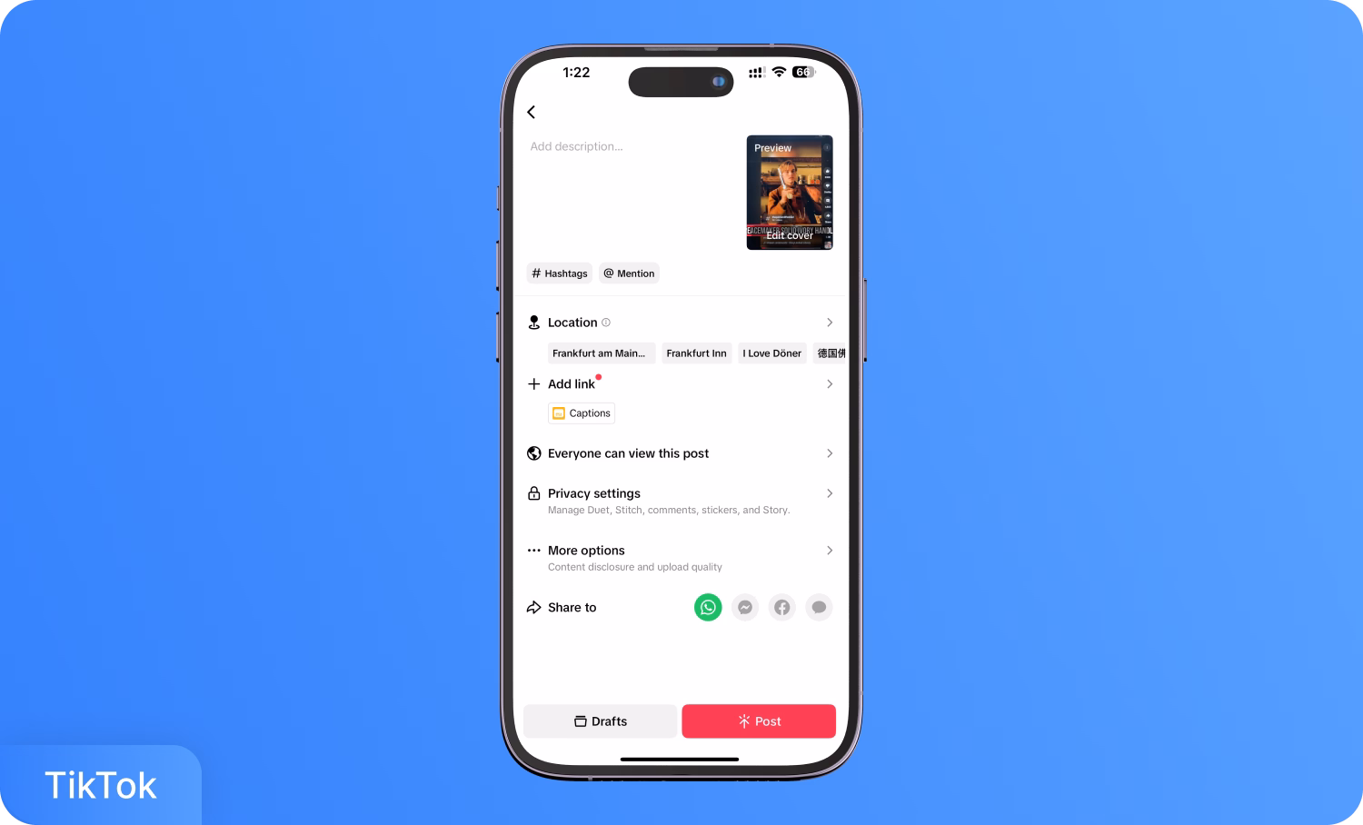 位置情報やプライバシー設定などのオプションが表示されたスマートフォン上のTikTokアプリ投稿作成画面。