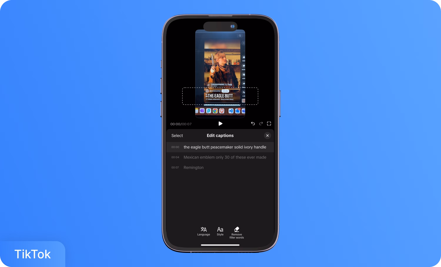 スマートフォンに字幕編集オプションを表示するTikTok動画編集画面。
