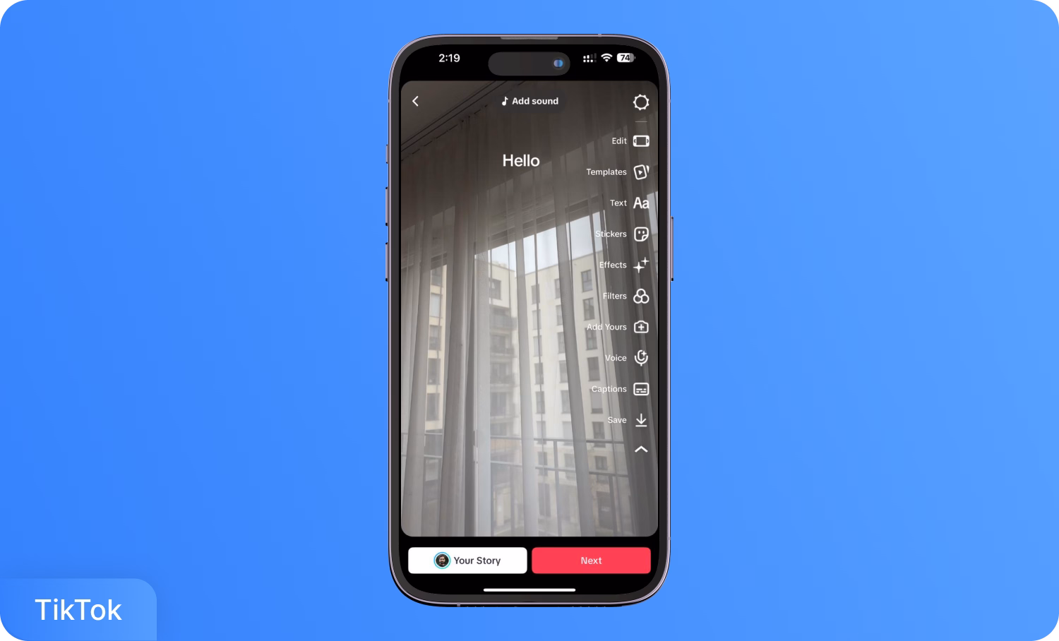 スマートフォンに表示されている動画編集オプションのTikTokインターフェース。