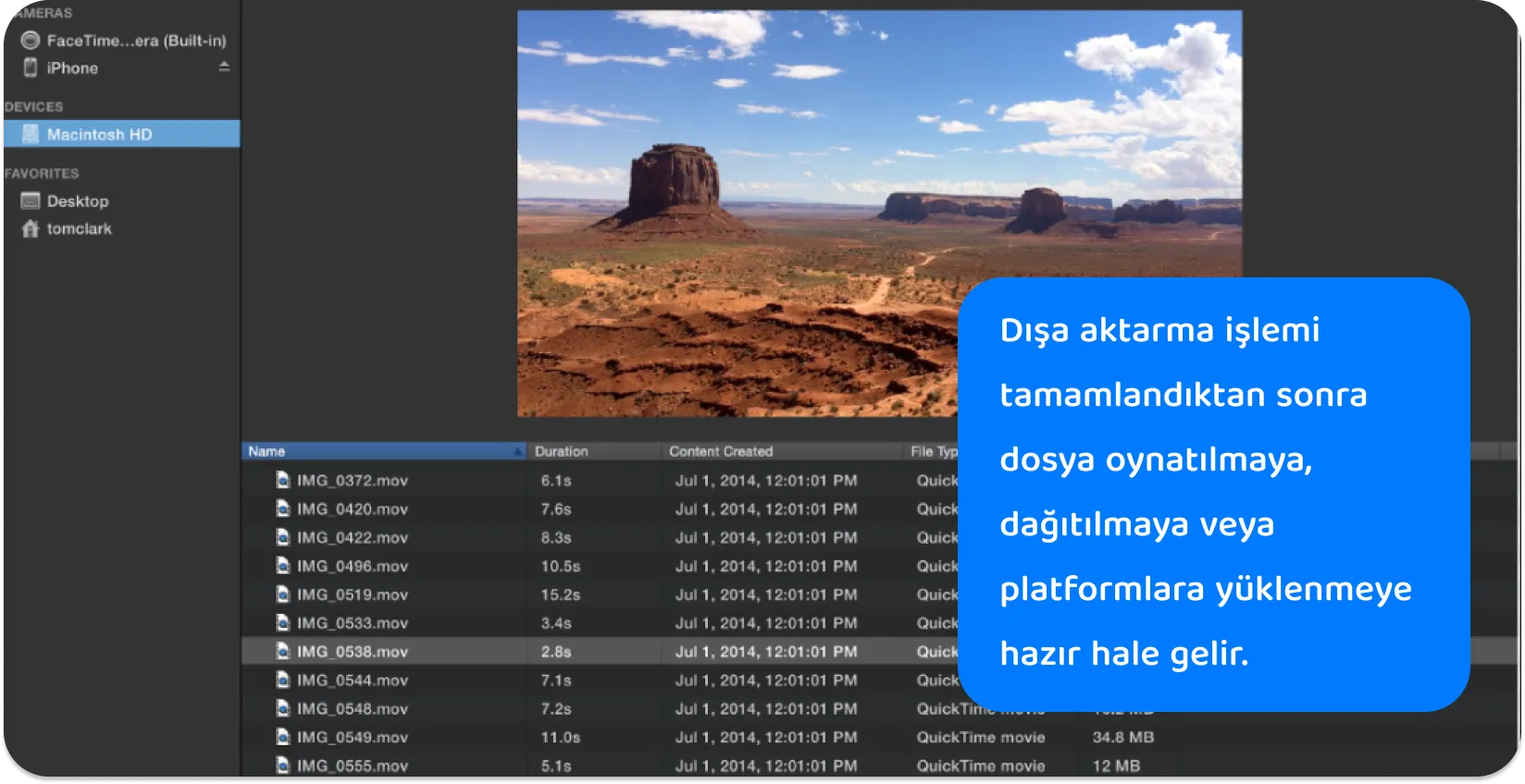 Proje düzenleme için çeşitli video uzunluklarını sergileyen çeşitli .mov dosyalarıyla iMovie'nin medya kitaplığının ekran görüntüsü.