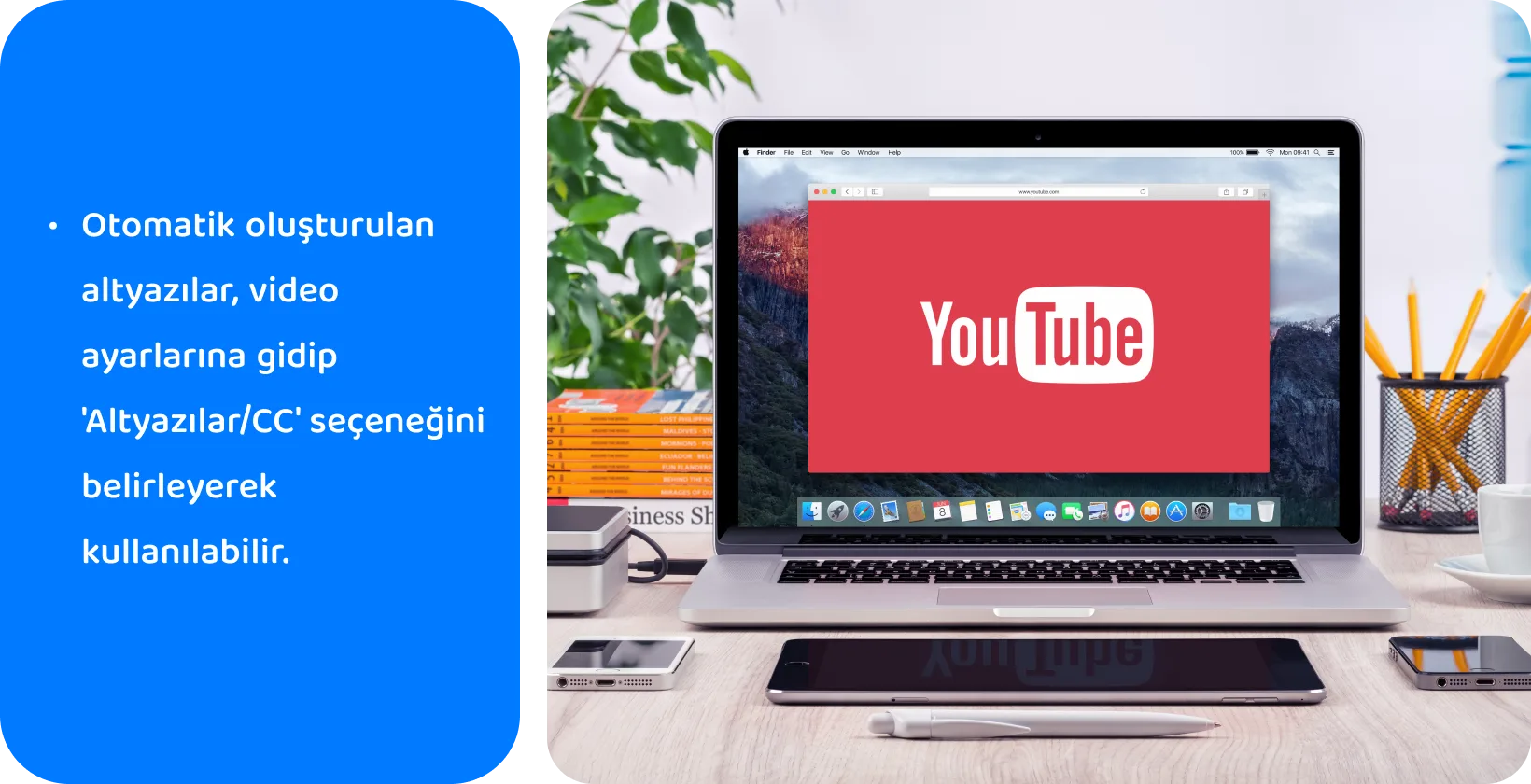 YouTube bir dizüstü bilgisayar ekranında, video erişilebilirliği ve SEO için otomatik olarak oluşturulan altyazıların kullanımını teşvik eder.