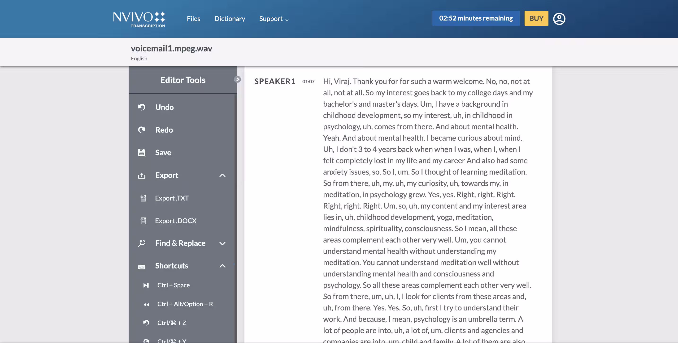 Вікно редактора NVivo Transcription, що показує інструменти редагування транскрипцій та опції експорту