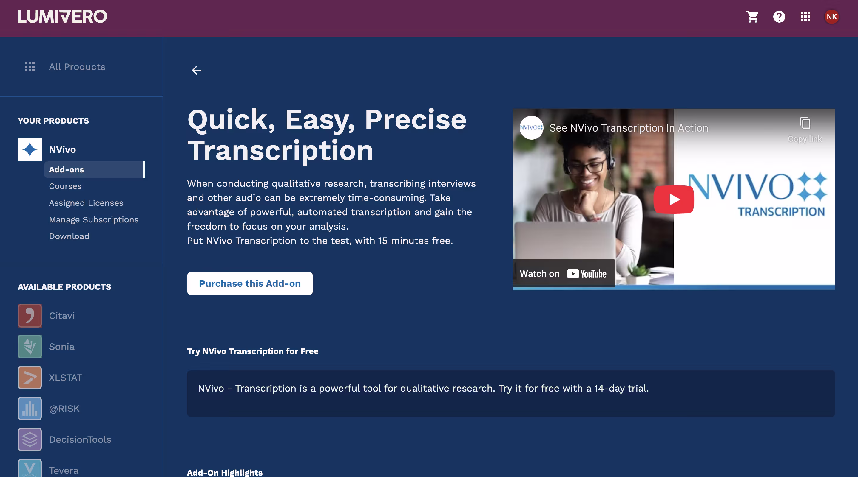 Сторінка продукту NVivo Transcription, що показує функції та відеоурок на YouTube