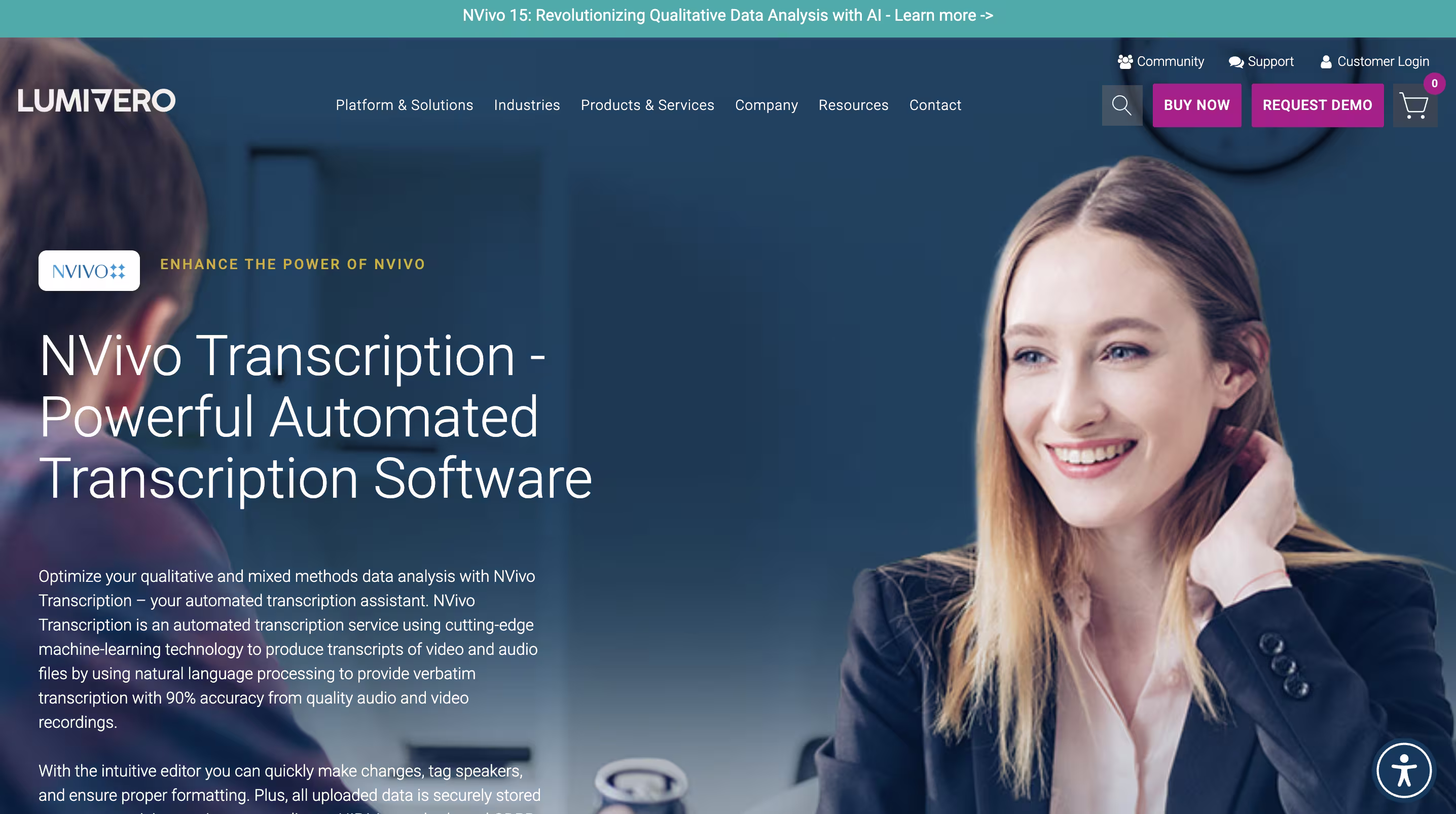 Головна сторінка NVivo Transcription, що показує функції програми та можливості автоматичного транскрибування