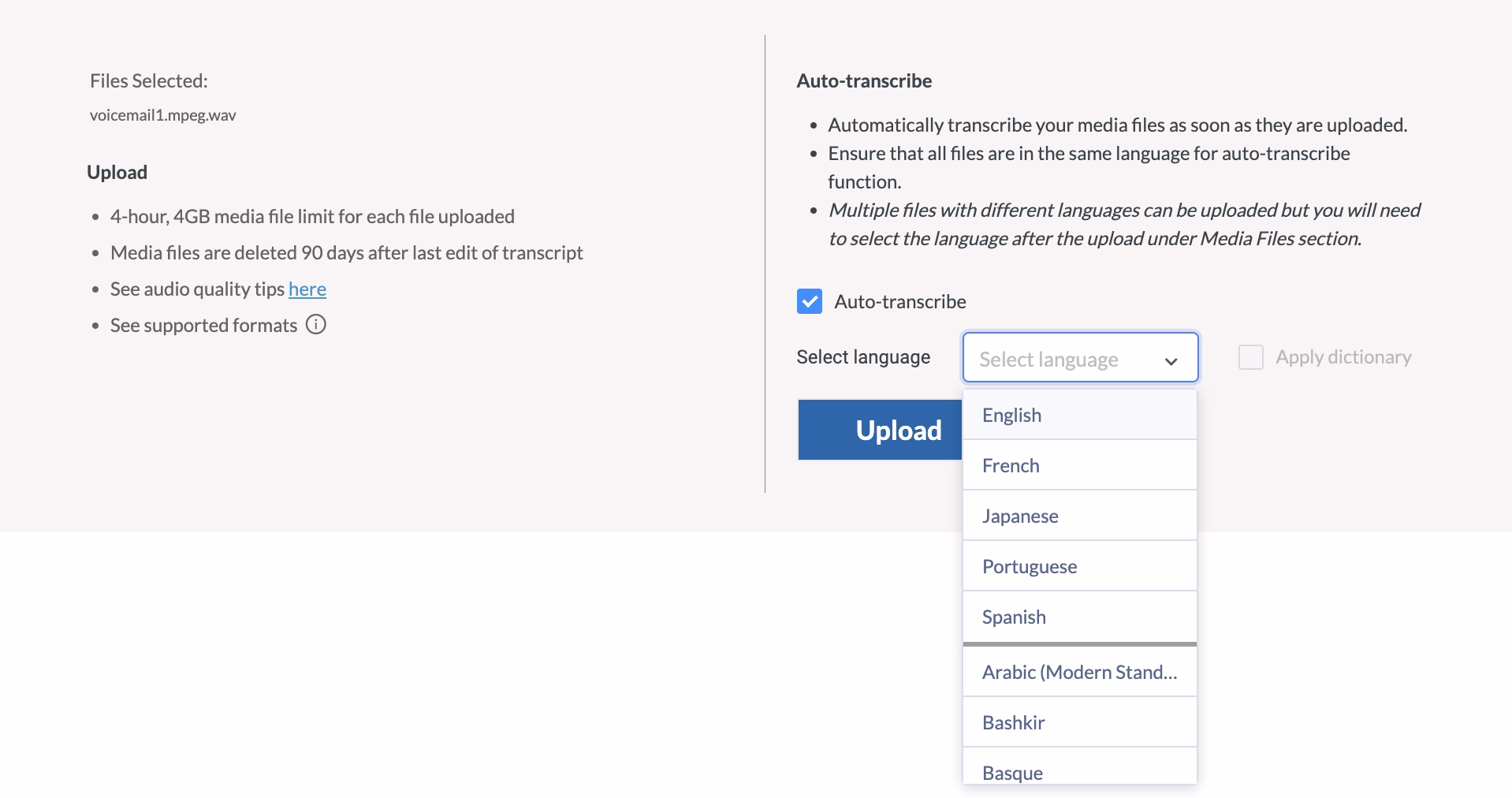 Інтерфейс вибору мови NVivo Transcription, що показує кілька мовних опцій