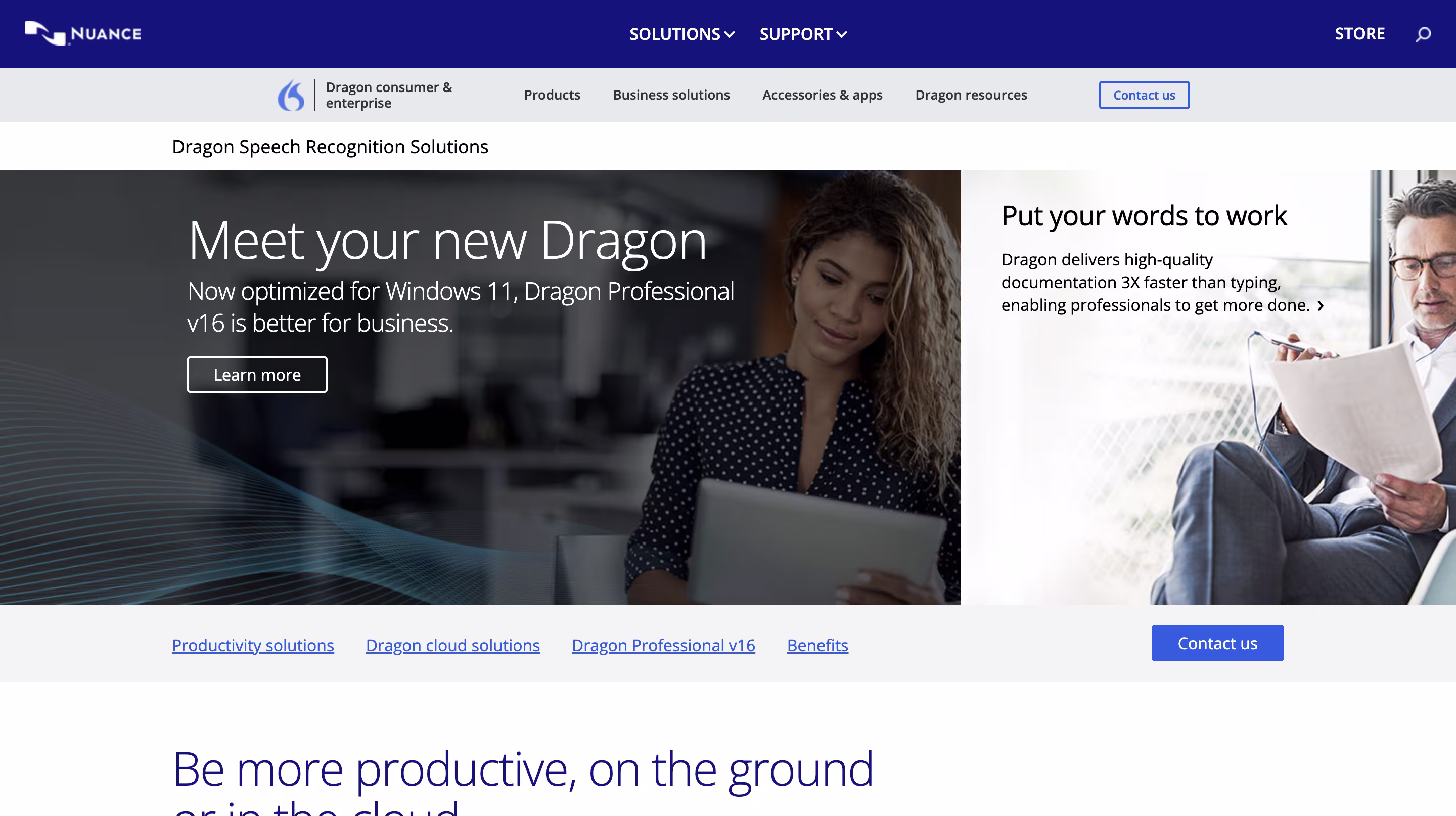 Nuance Dragon kõnetuvastuse koduleht, mis tutvustab professionaalset v16 Windows 11 jaoks optimeeritud versiooni