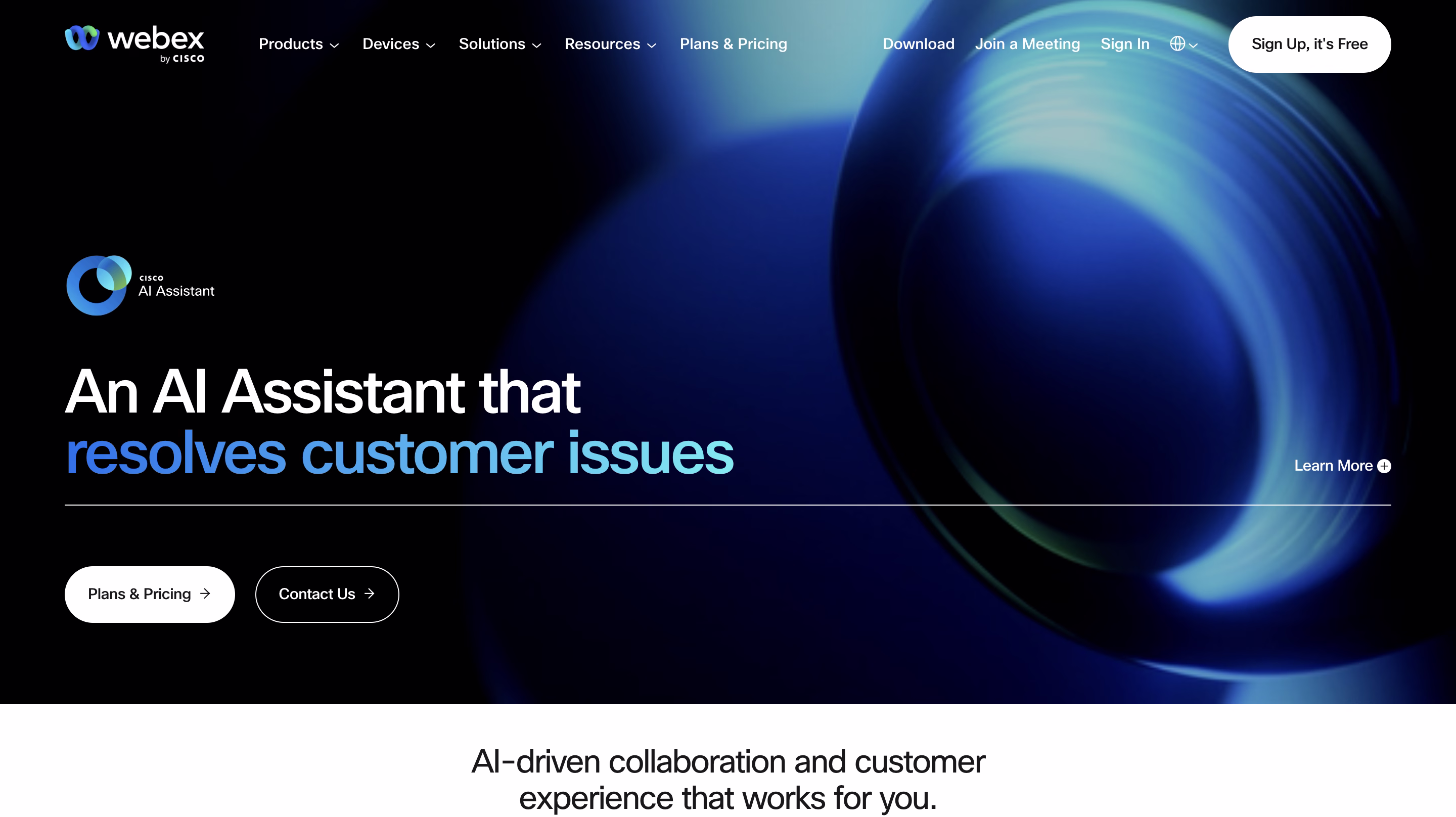 탐색 메뉴와 메시징이 있는 AI 어시스턴트 홈페이지를 보여주는 Cisco Webex 인터페이스