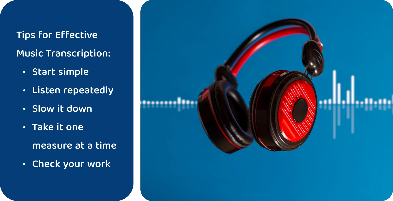 Kuulokkeet aaltomuototaustaa vasten, jotka edustavat työkaluja musiikin transkription parantamiseen kohdennetun ja toistuvan kuuntelun avulla.