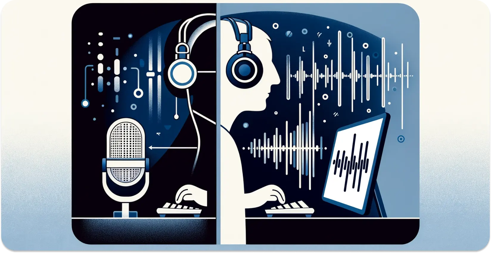 Stylized depiction of a person with headphones transcribing audio from a tablet, with visual sound waves.