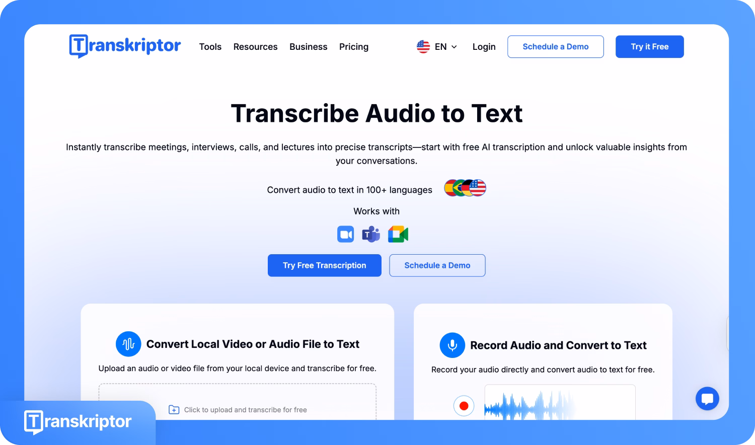 複数の言語で音声からテキストへの文字起こしを提供するTranskriptorのホームページ。