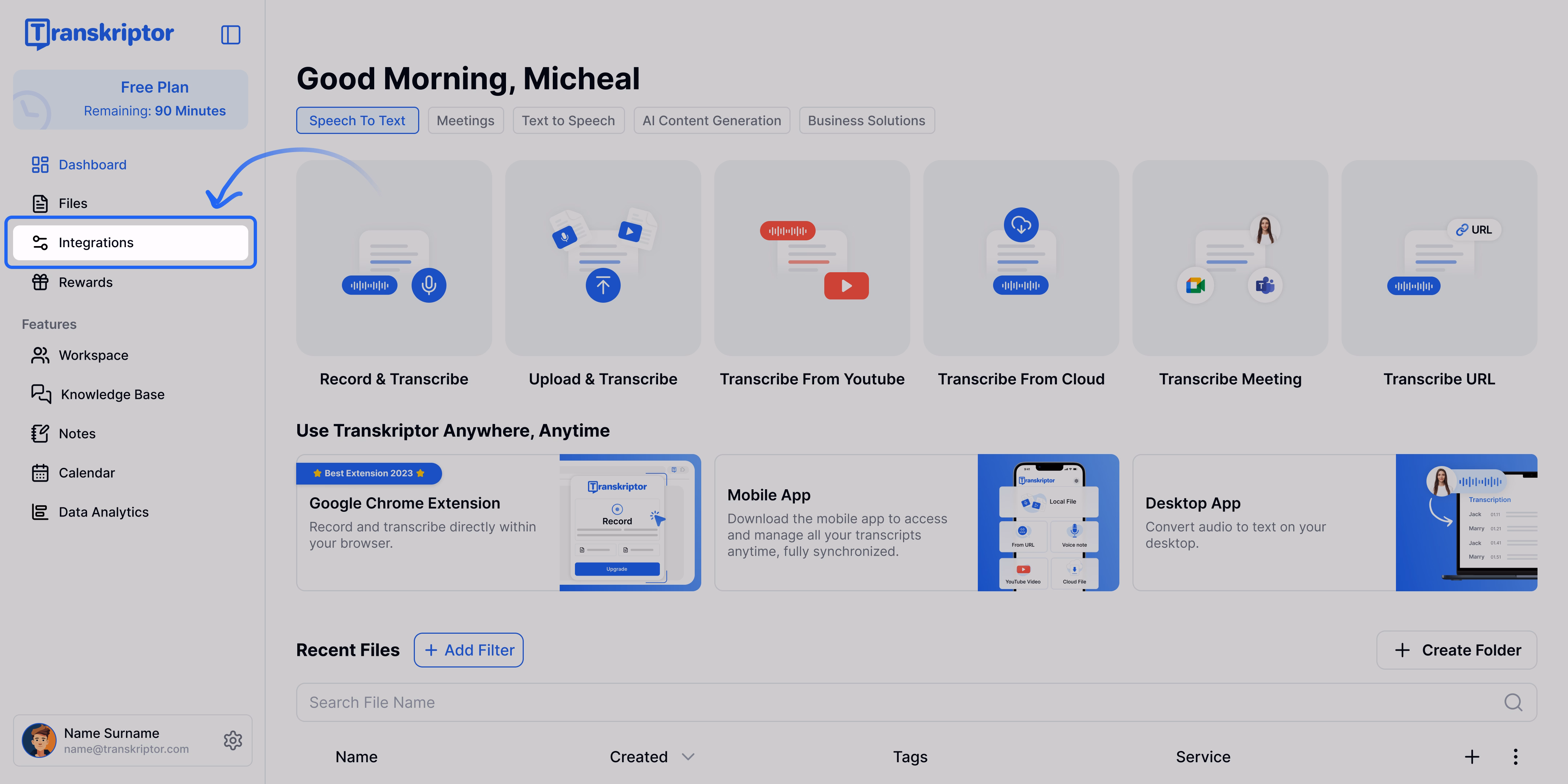 Dashboard di Transkriptor che evidenzia le integrazioni per l'integrazione Salesforce.
