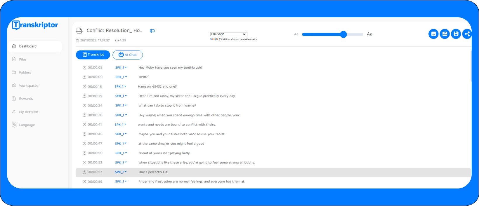 Captura de tela da interface de software 'Transkriptor' mostrando seus recursos de transcrição de fala para texto.