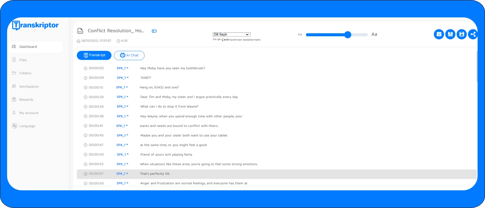 Captura de ecrã da interface de software 'Transkriptor' que mostra as suas capacidades de transcrição de voz para texto.