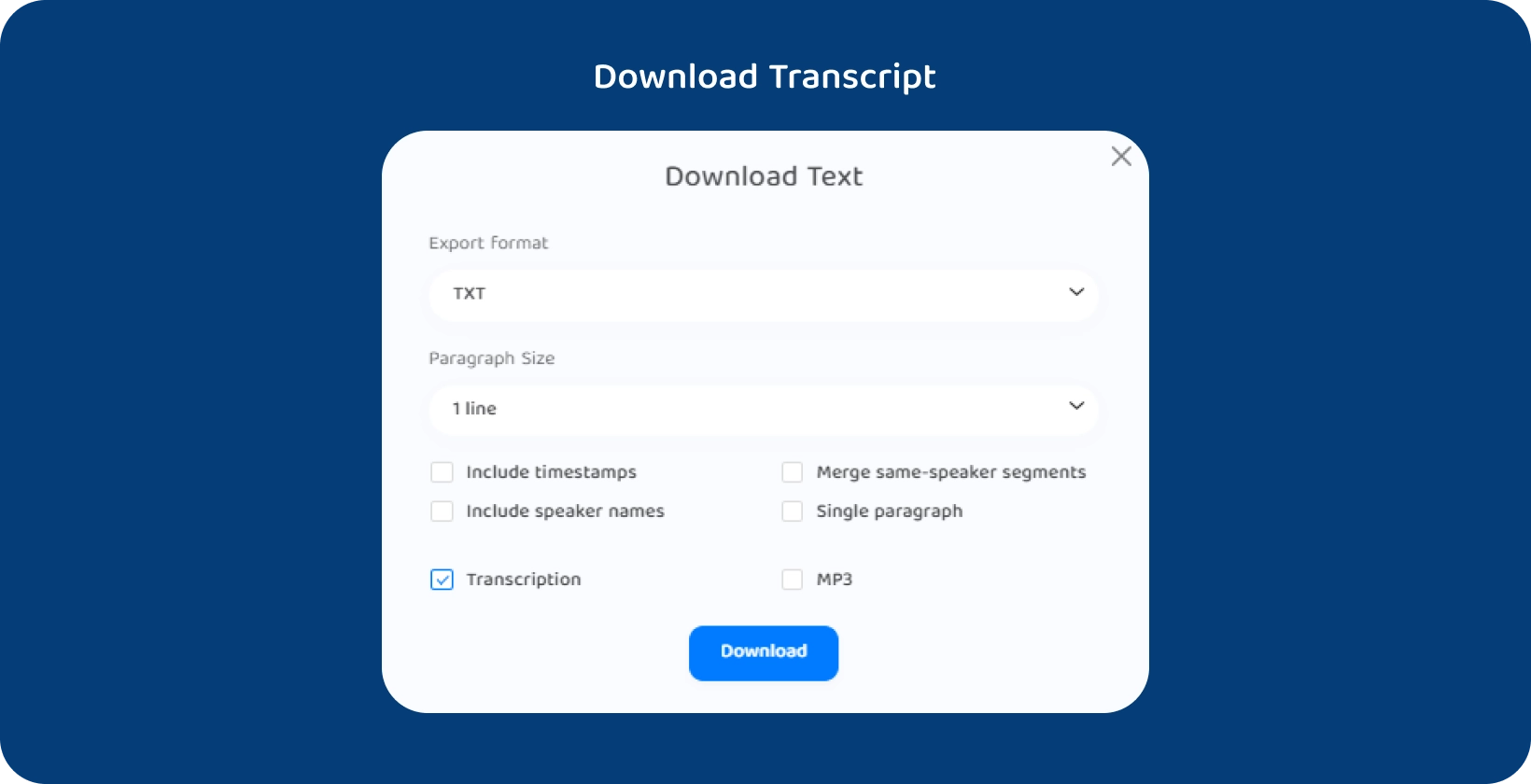 Transkriptor इंटरफ़ेस एक लिखित व्याख्यान के पाठ को डाउनलोड करने के लिए विकल्प दिखा रहा है।
