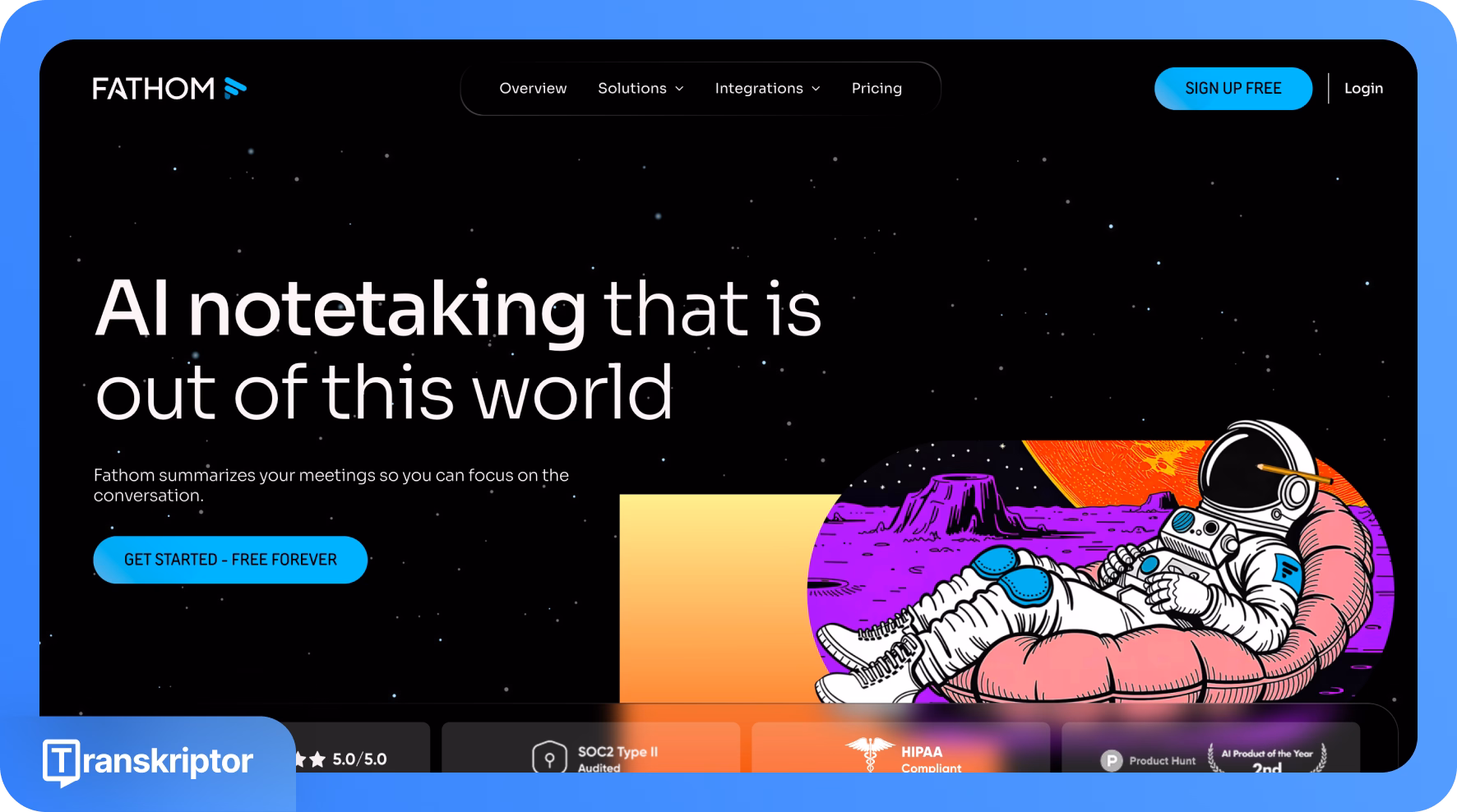 Інструмент Fathom від Transkriptor для AI нотаток з темою астронавтів.