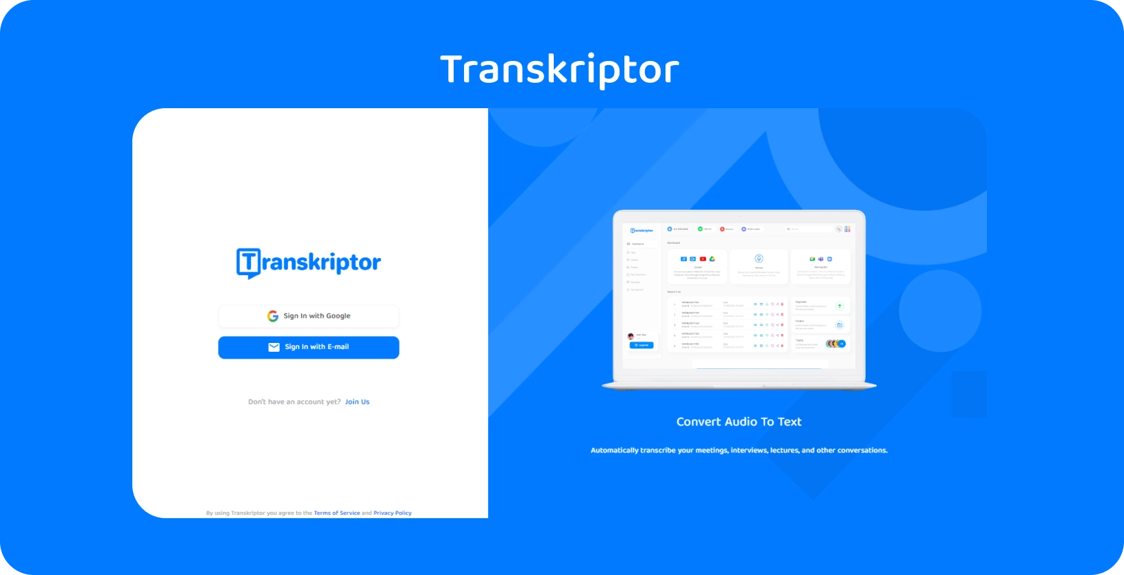 Transkriptor διεπαφή εφαρμογής που παρουσιάζει εύκολες υπηρεσίες μεταγραφής ήχου σε κείμενο για πληροφορίες ιατρικών αρχείων.