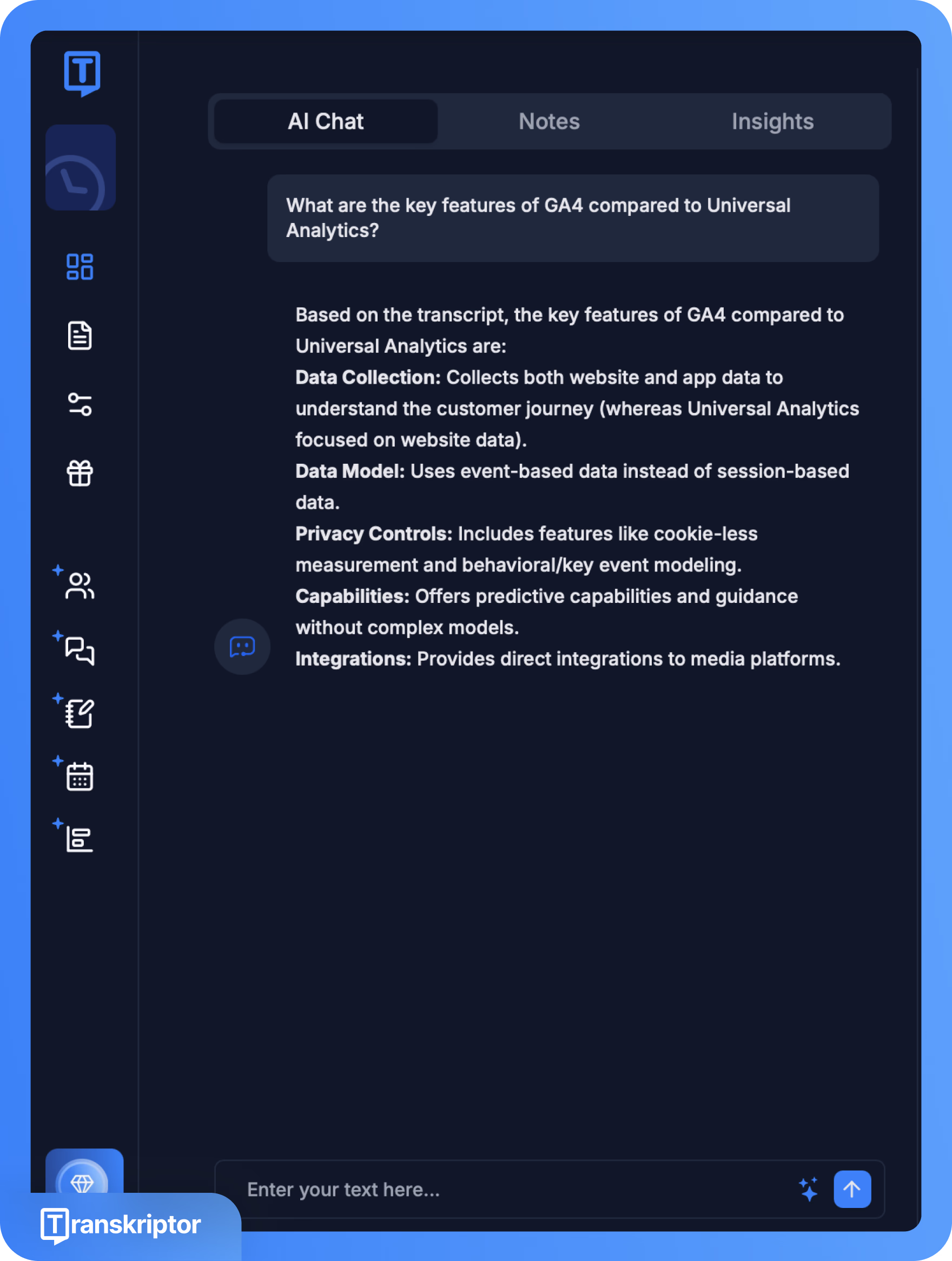 Interface do Transkriptor mostrando recursos do GA4 em comparação com o Universal Analytics
