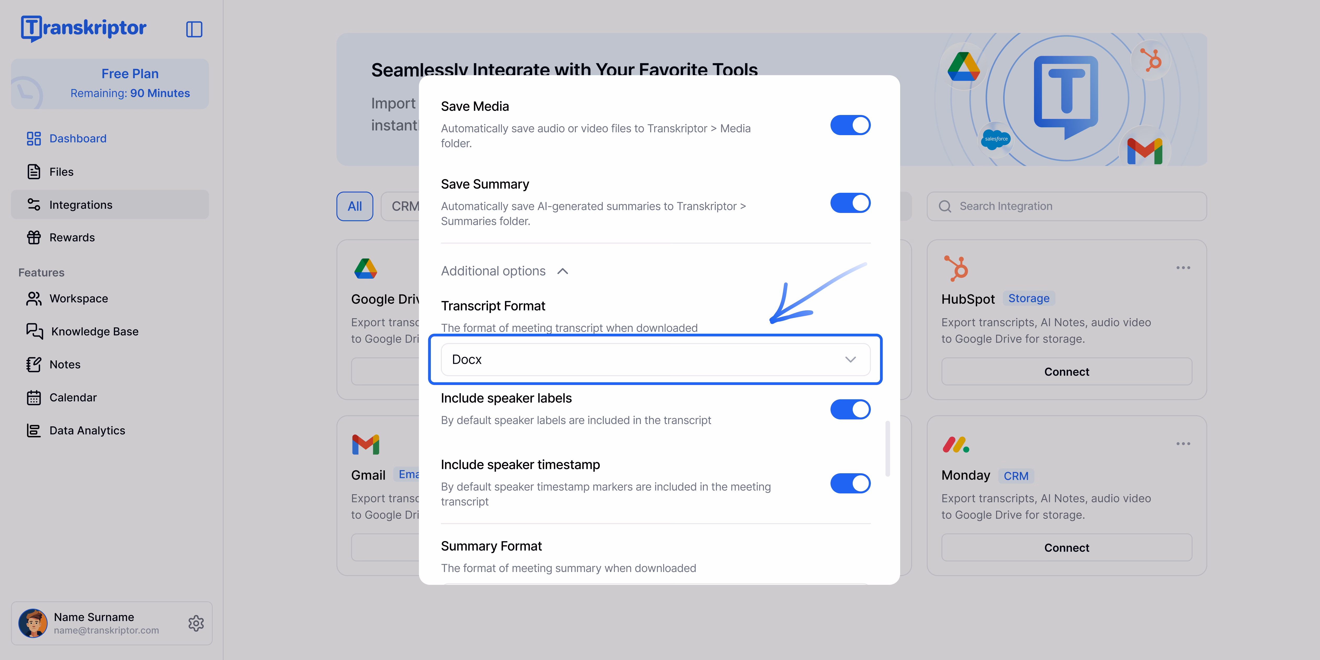 Impostazioni di Transkriptor che mostrano le opzioni di integrazione con Google Drive.