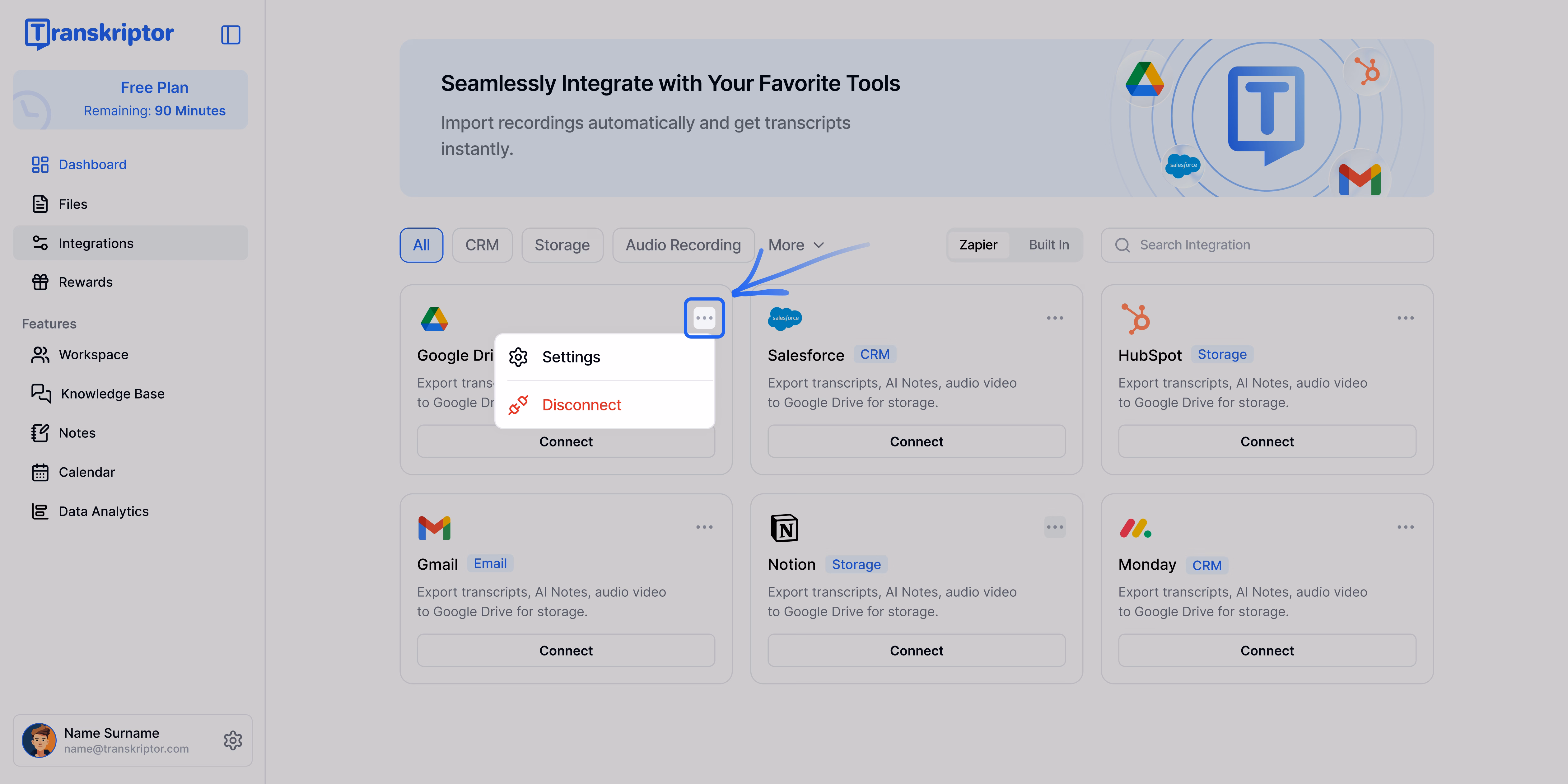 Interfaccia di Transkriptor che mostra le impostazioni di integrazione con Google Drive.