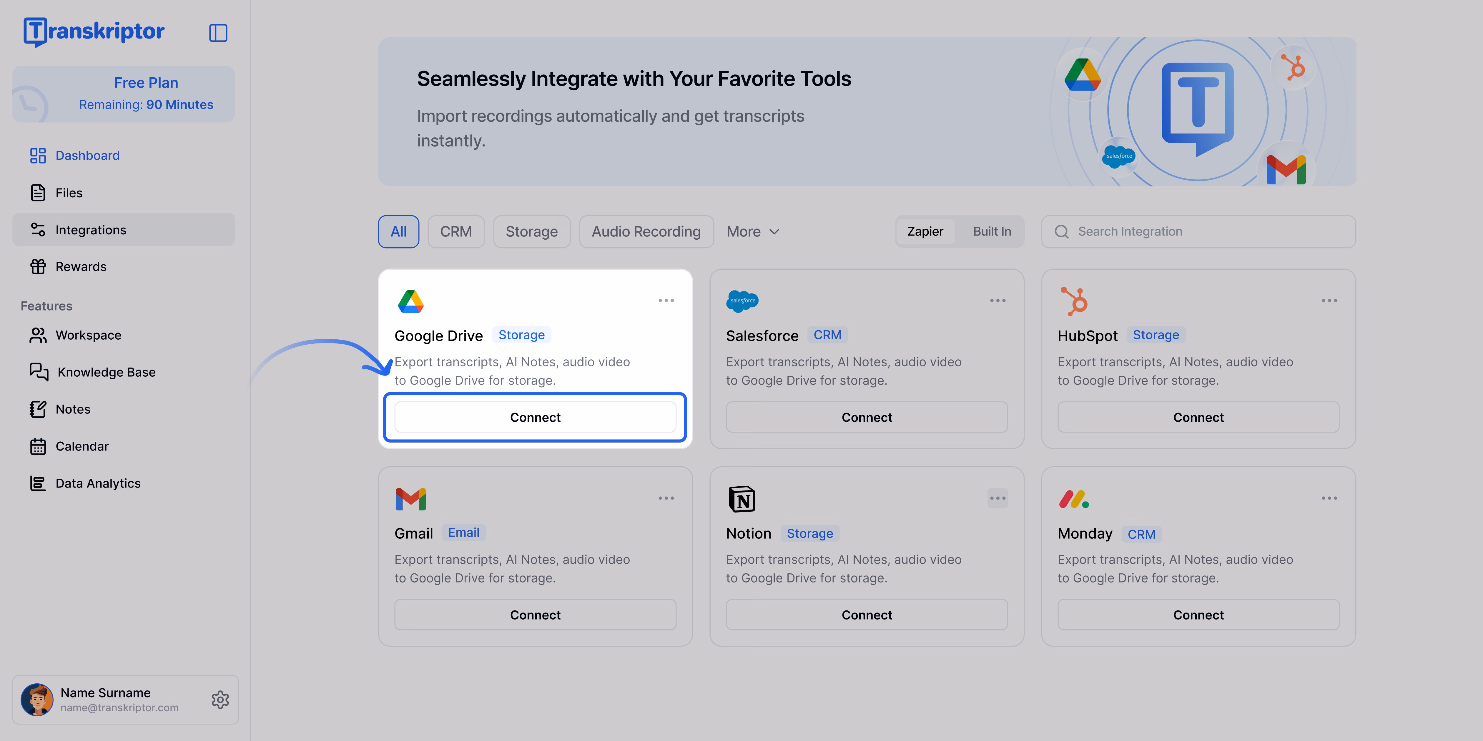 Interfaccia di Transkriptor che mostra l'opzione di integrazione con Google Drive.