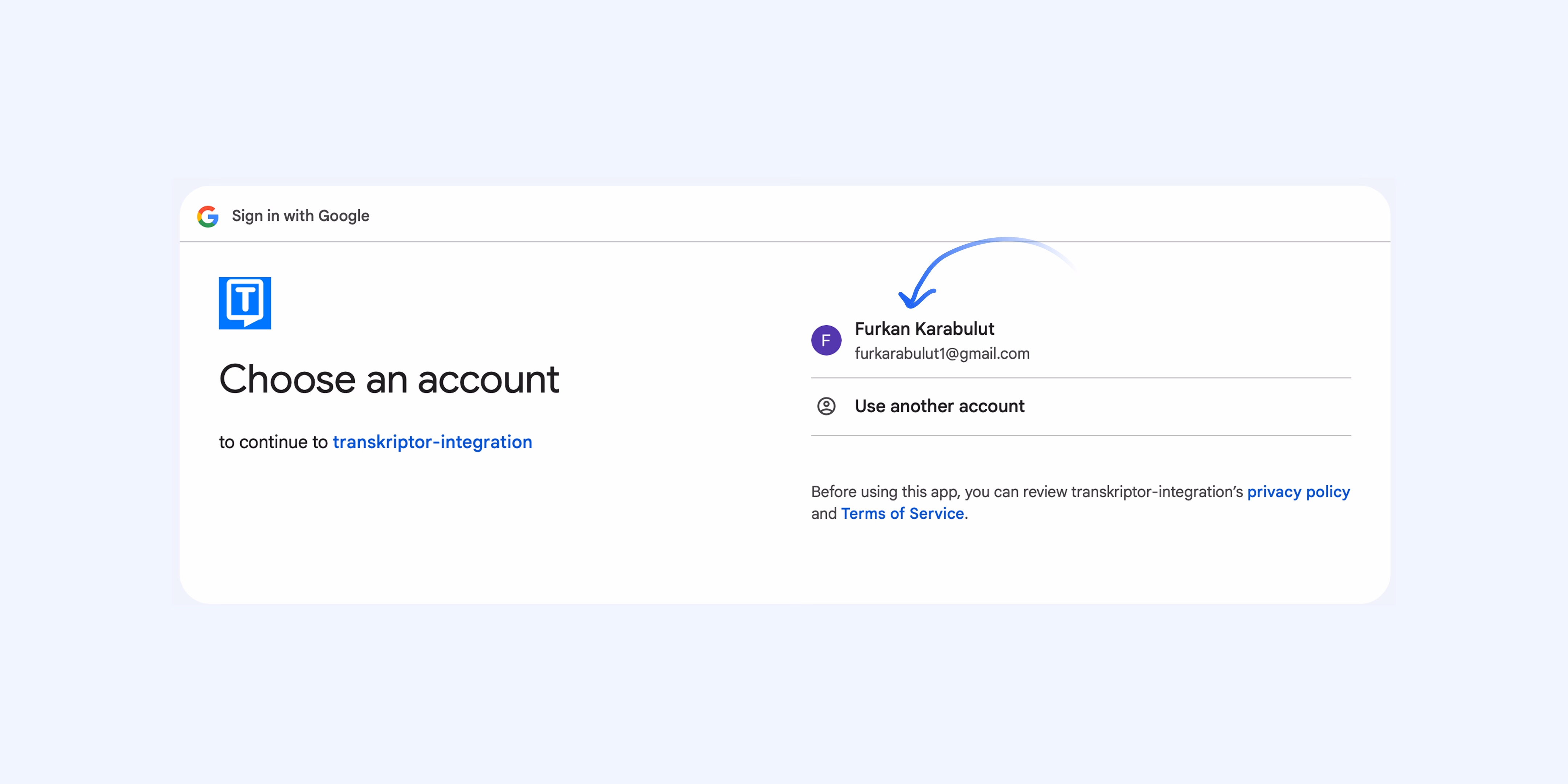 Schermata di accesso all'account Google per l'integrazione Transkriptor.