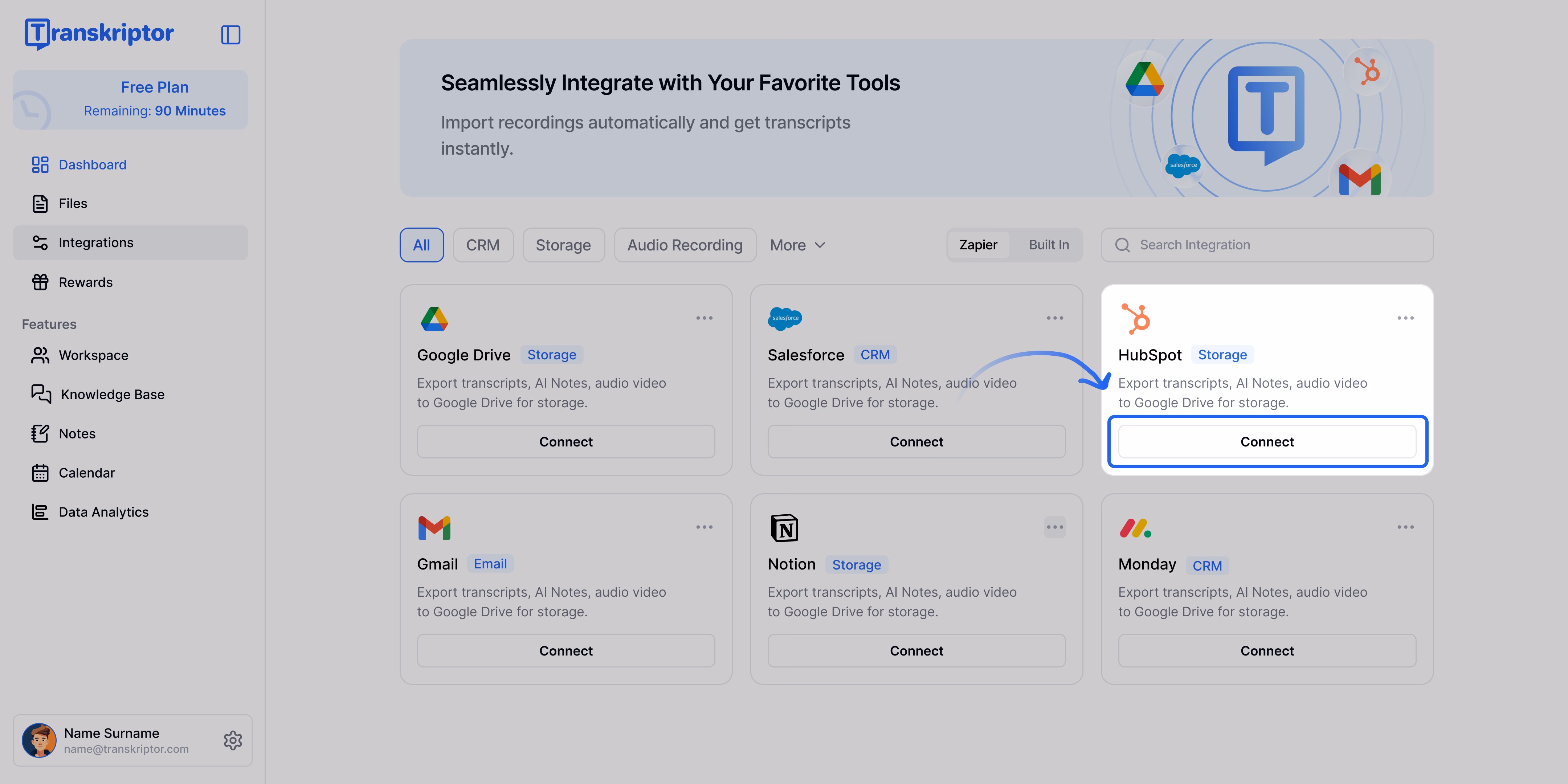 Dashboard di Transkriptor che evidenzia l'opzione di integrazione con HubSpot.