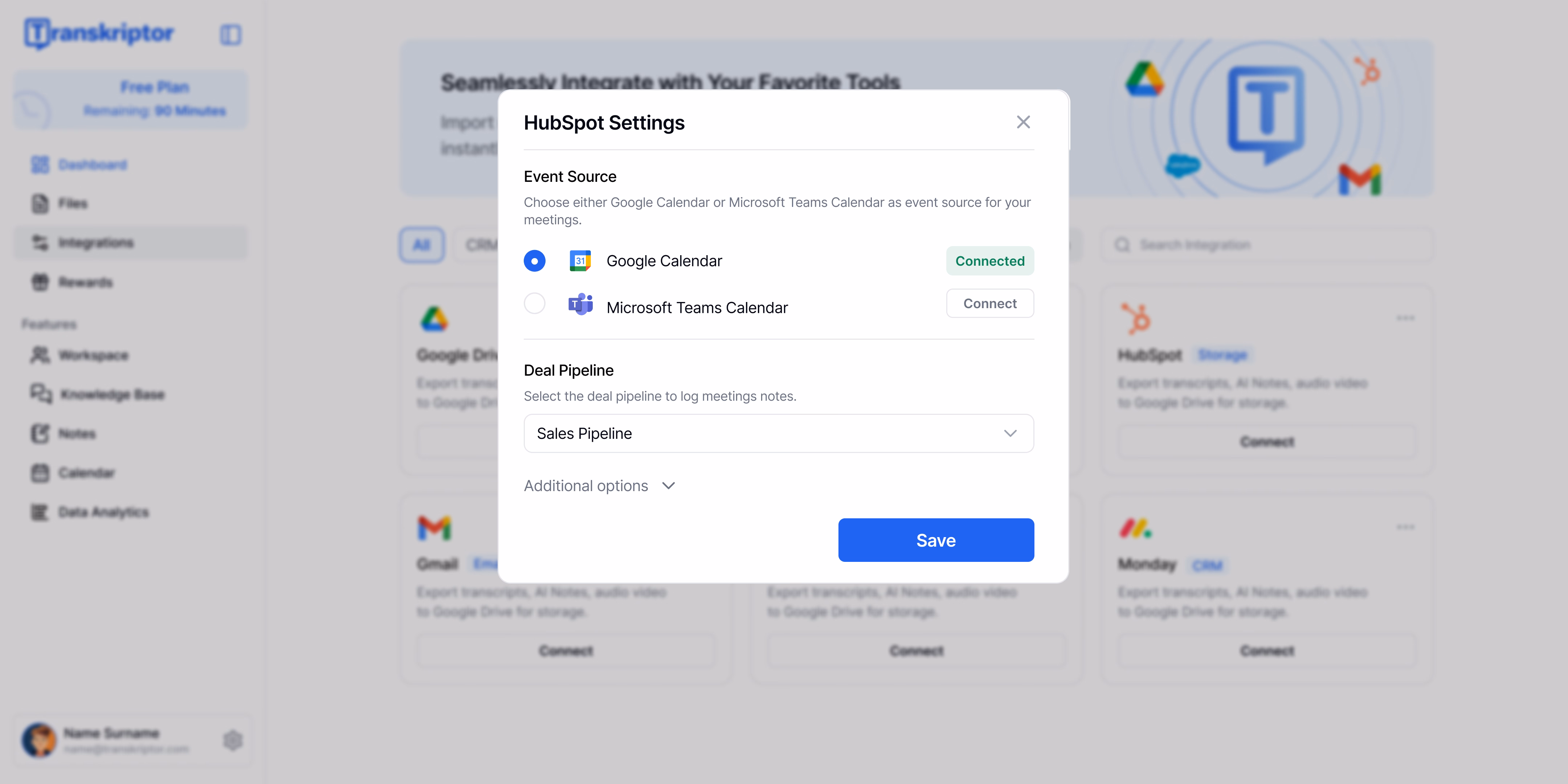 Impostazioni di integrazione di Transkriptor con HubSpot e connessione a Google Calendar.