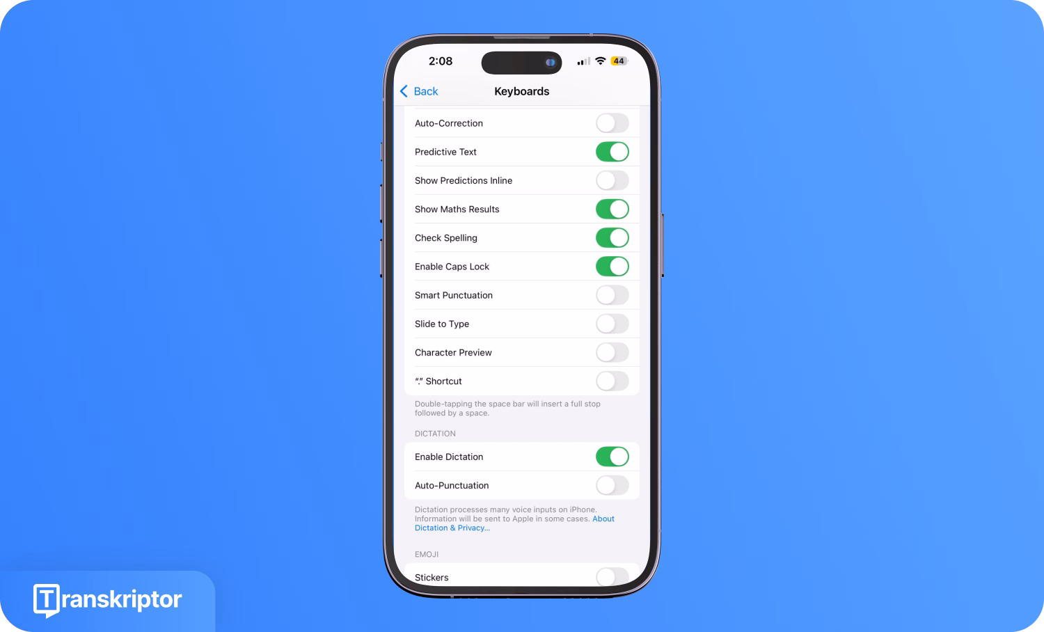 iPhone screen showing keyboard settings with Transkriptor logo, highlighting dictation options for transcribing voice memos.