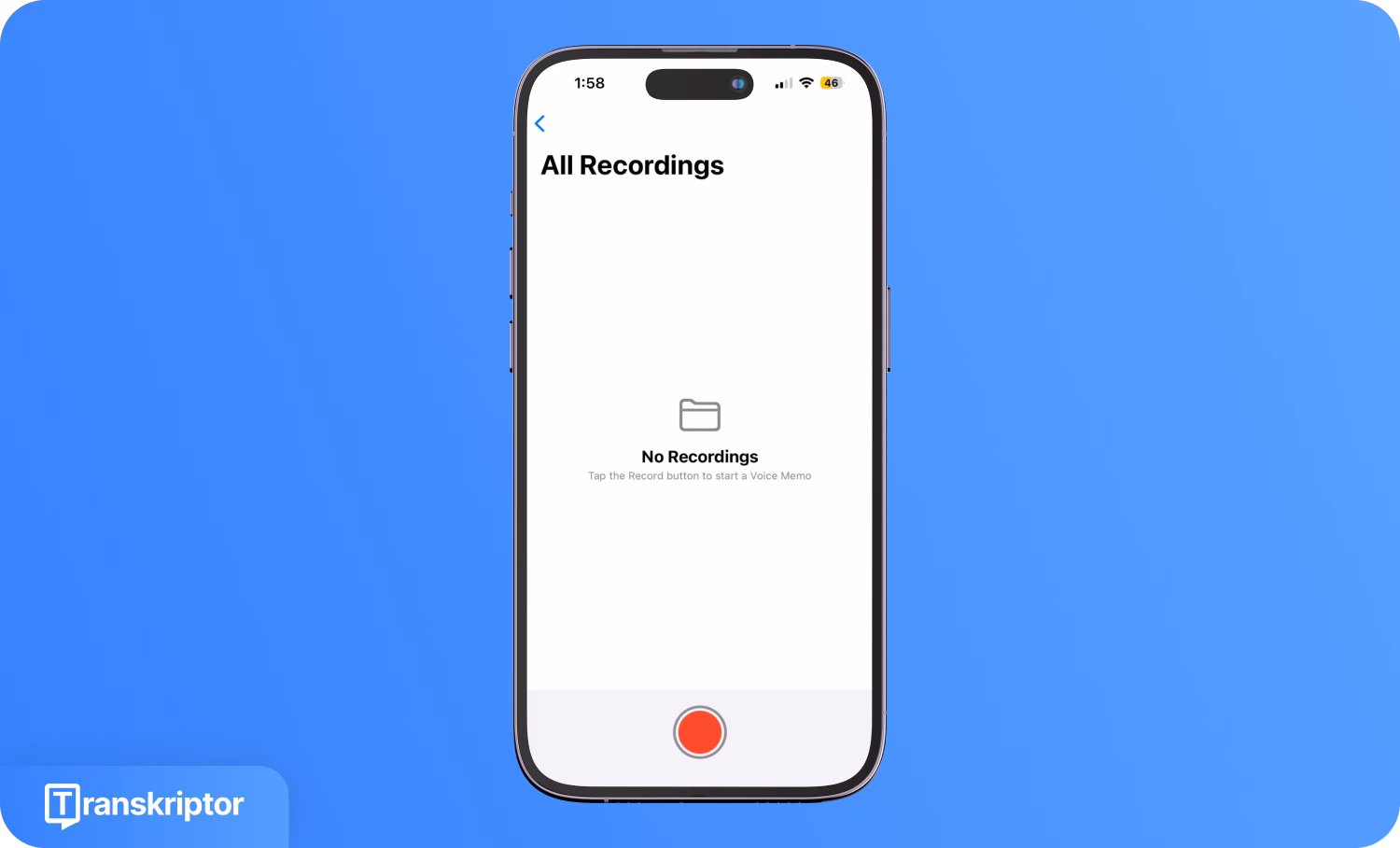 iPhone screen displaying Transkriptor app with no recordings.