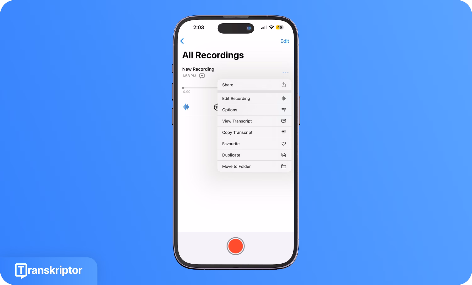 iPhone screen displaying Transkriptor app options for voice memo transcription.