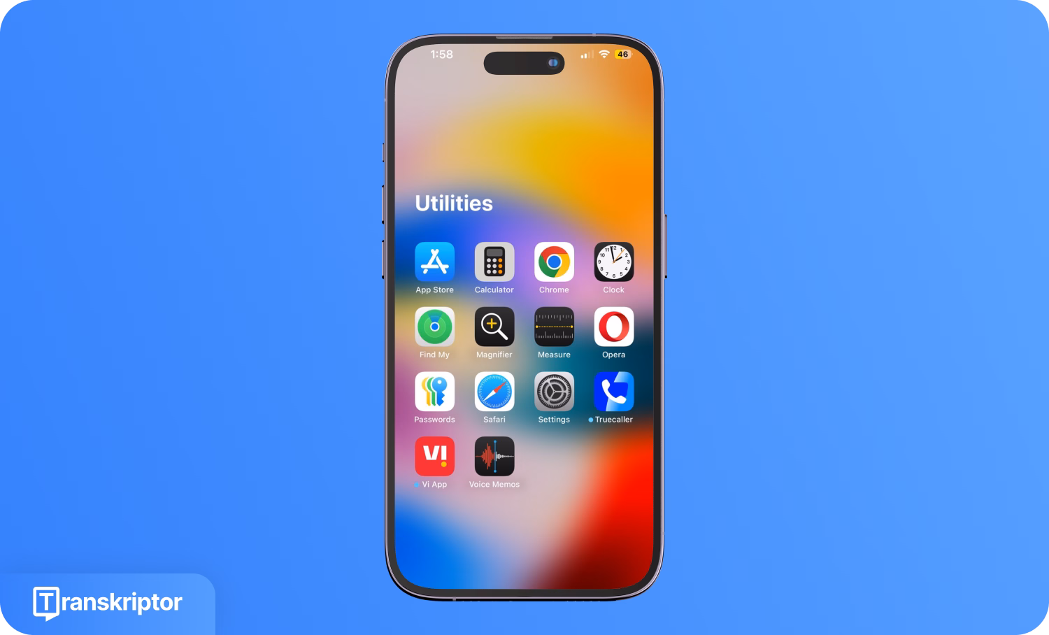 iPhone screen displaying utility apps, including Voice Memos and Transkriptor.