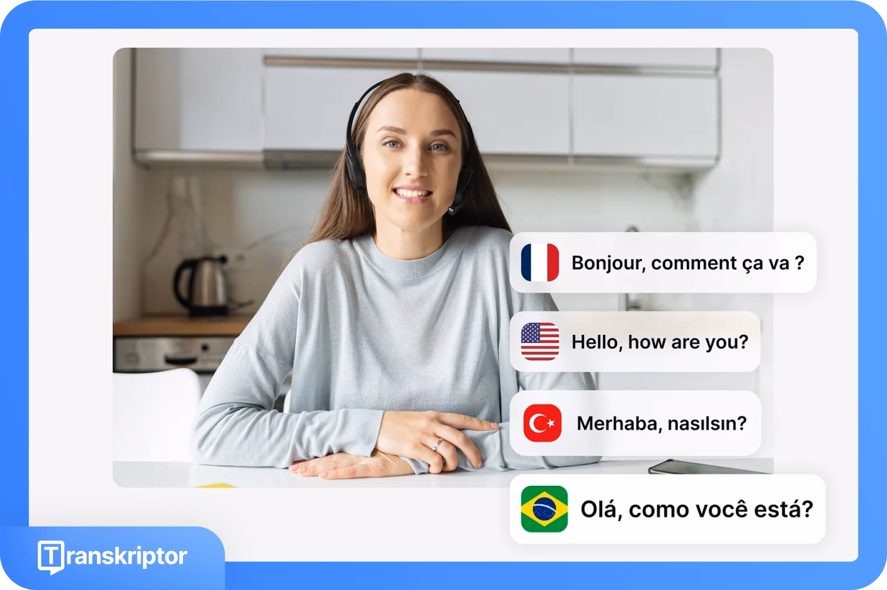 Mulher usando o Transkriptor para comunicação multilíngue, com saudações em francês, inglês, turco e português.