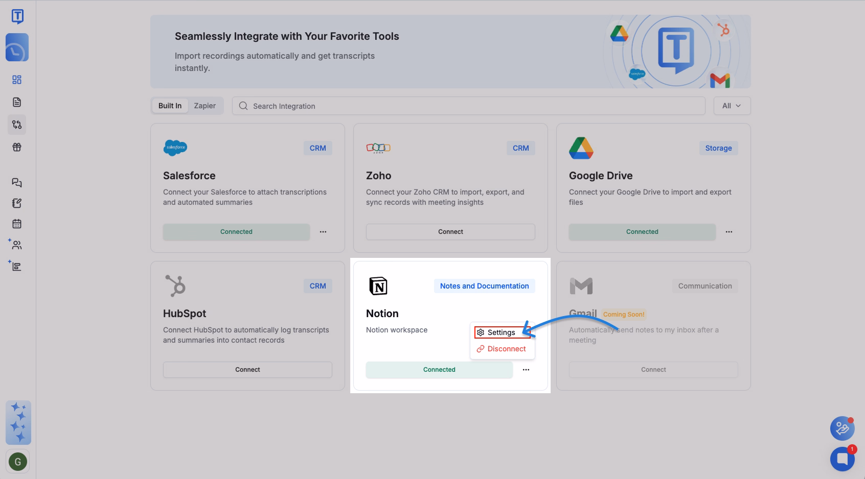 Integrazione di Transkriptor con Notion che mostra lo stato connesso e l'opzione delle impostazioni.