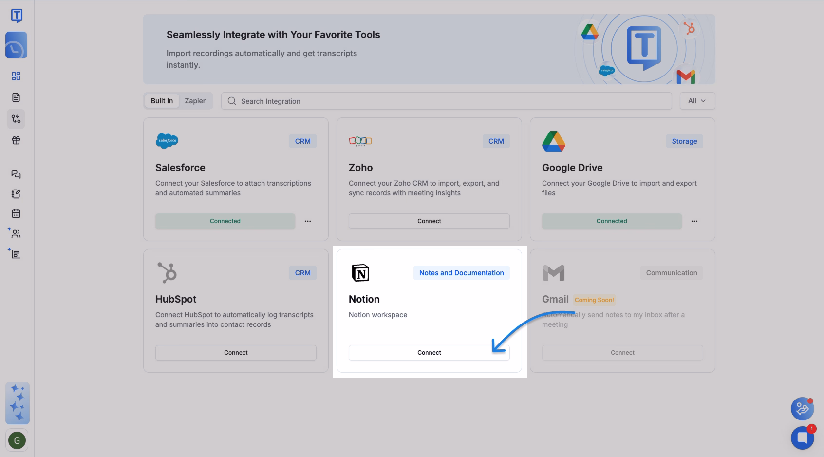 Opzioni di integrazione di Transkriptor che evidenziano la connessione al workspace di Notion.