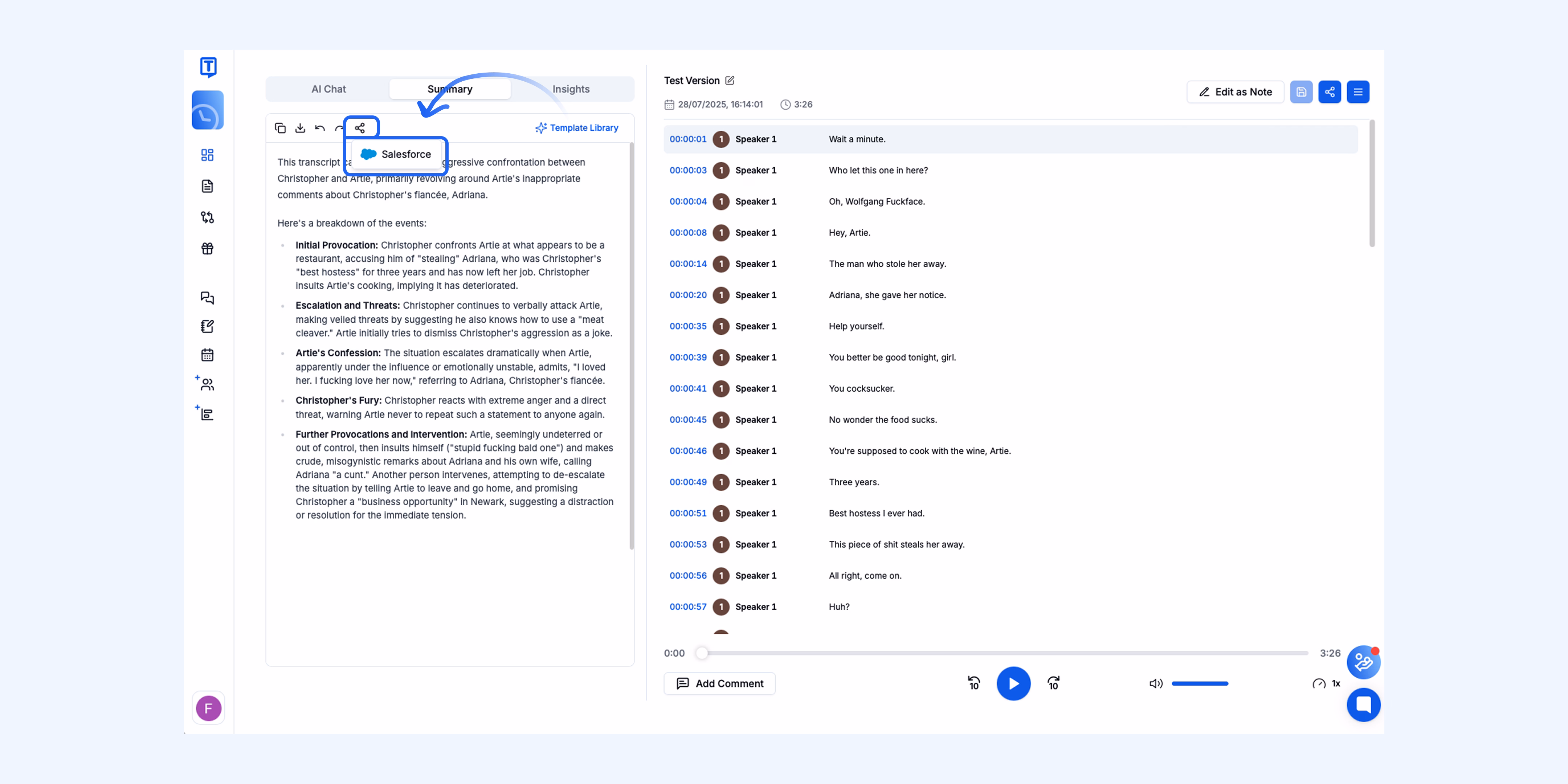 Interfaccia di Transkriptor che mostra l'opzione di integrazione Salesforce.