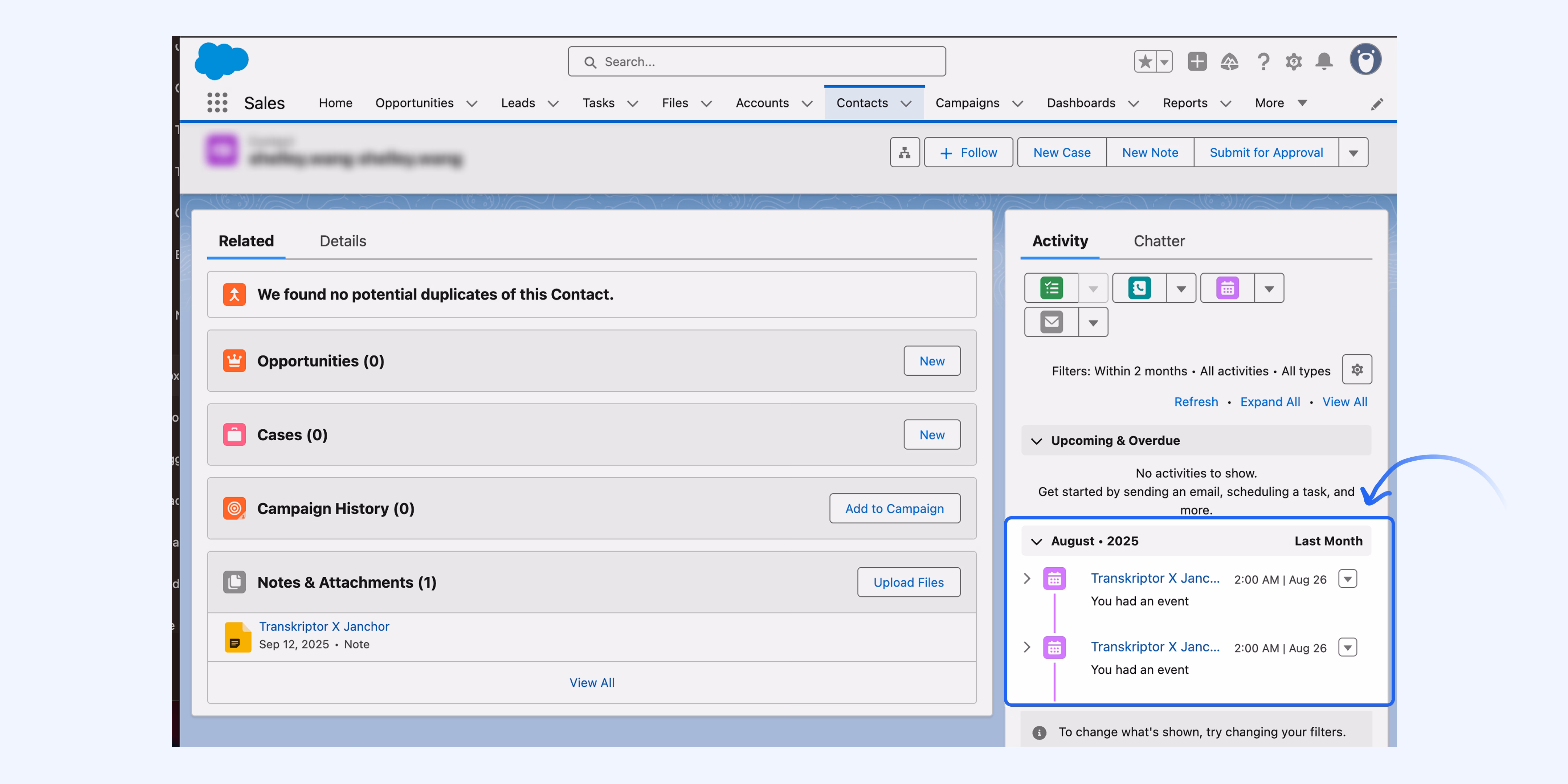 Interfaccia Salesforce che mostra l'integrazione Transkriptor per la presa di note e la gestione delle attività.