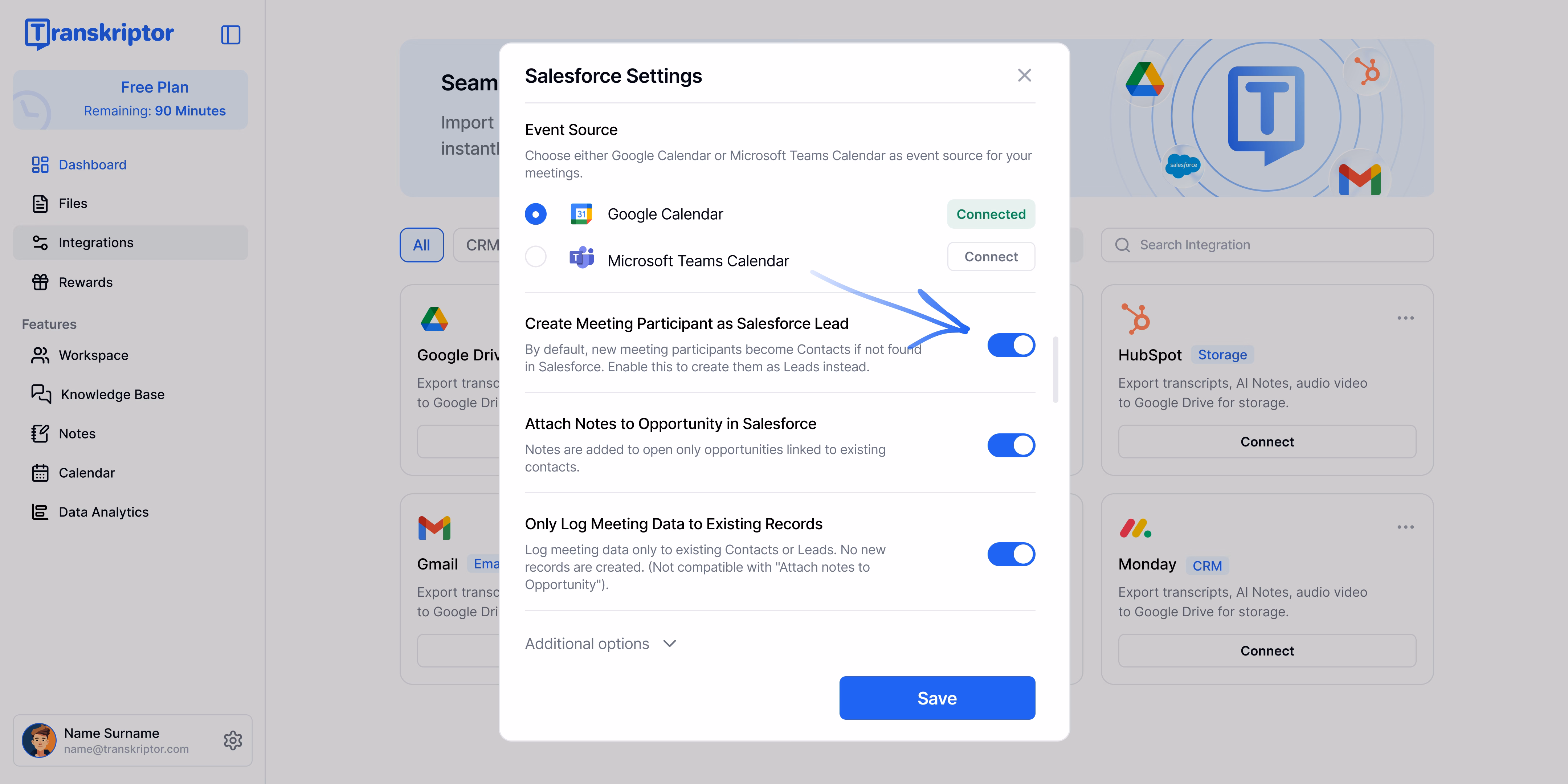 Impostazioni dell'integrazione Salesforce di Transkriptor per creare partecipanti alla riunione come lead.