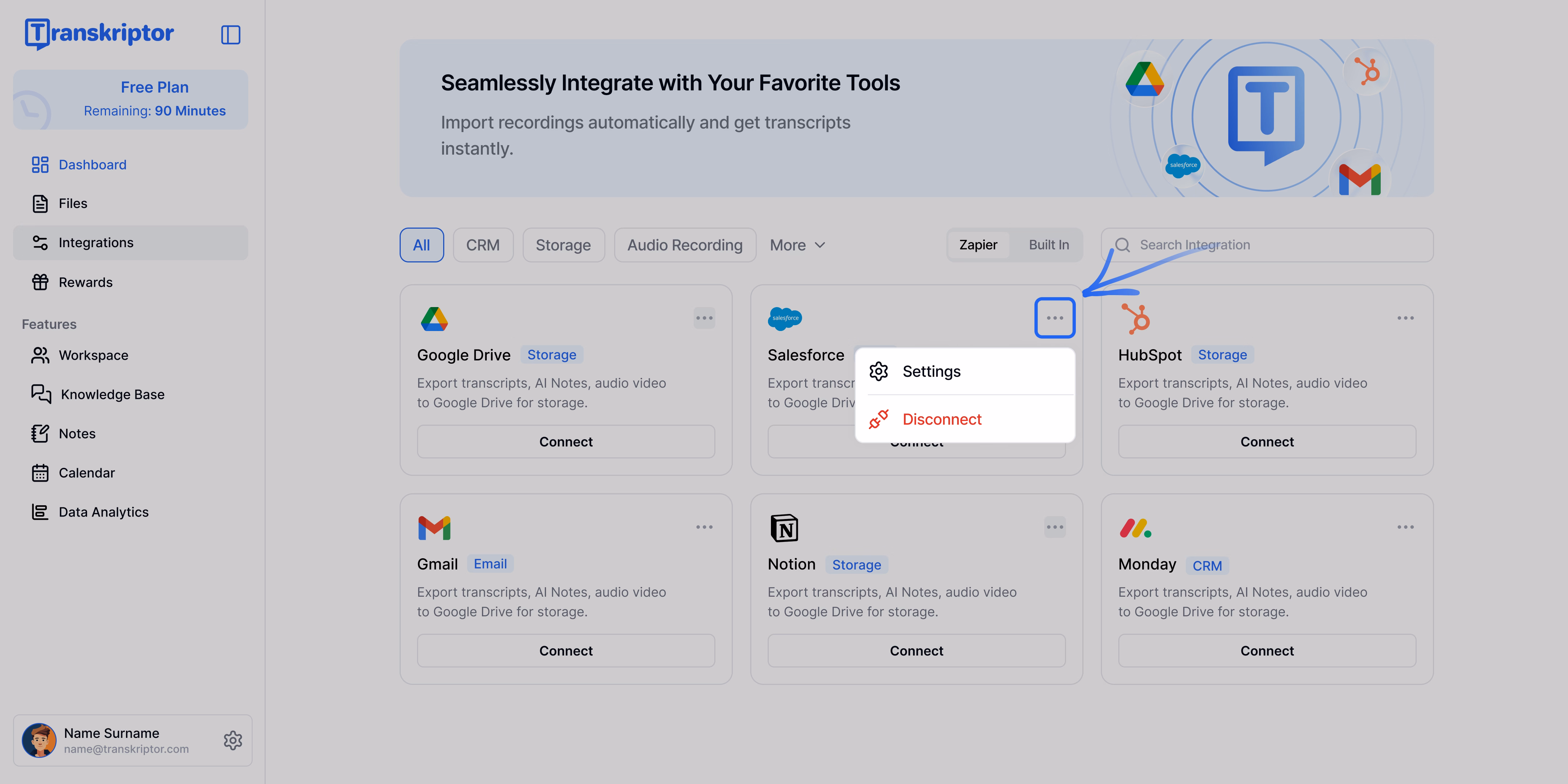 Interfaccia di Transkriptor che mostra le impostazioni dell'integrazione Salesforce.