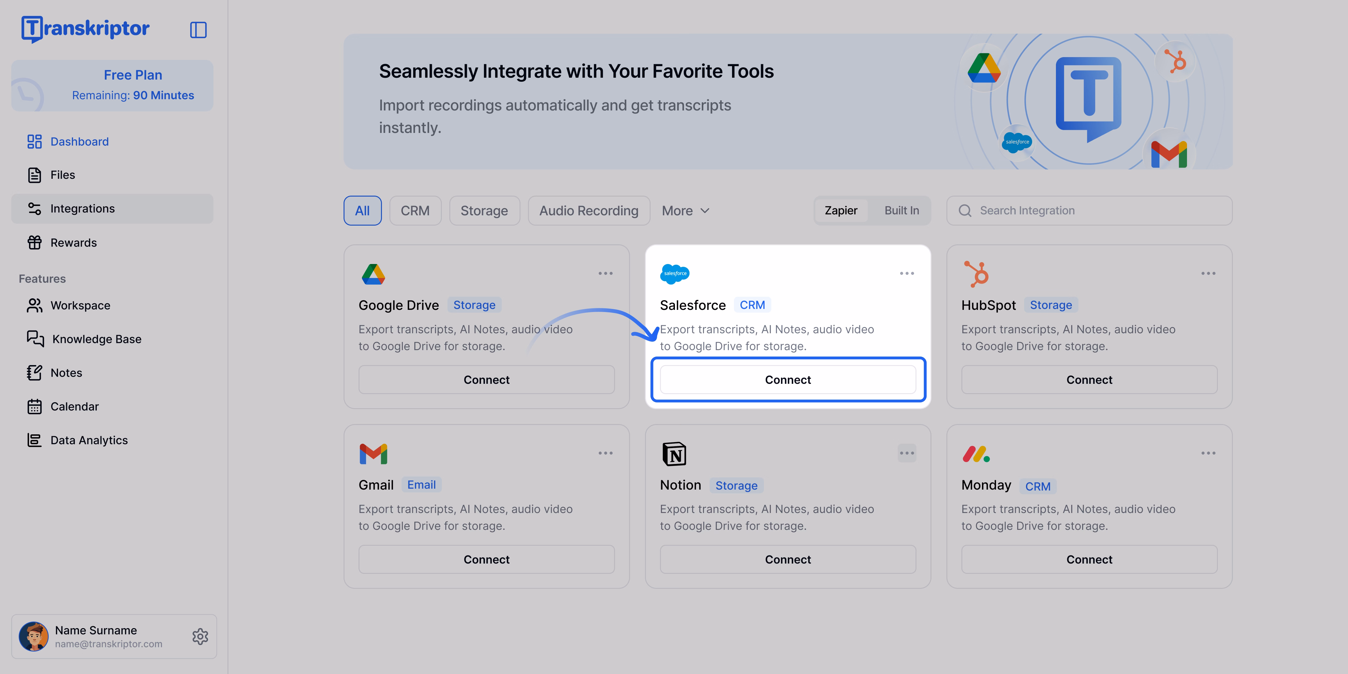 Opzioni di integrazione Salesforce di Transkriptor.