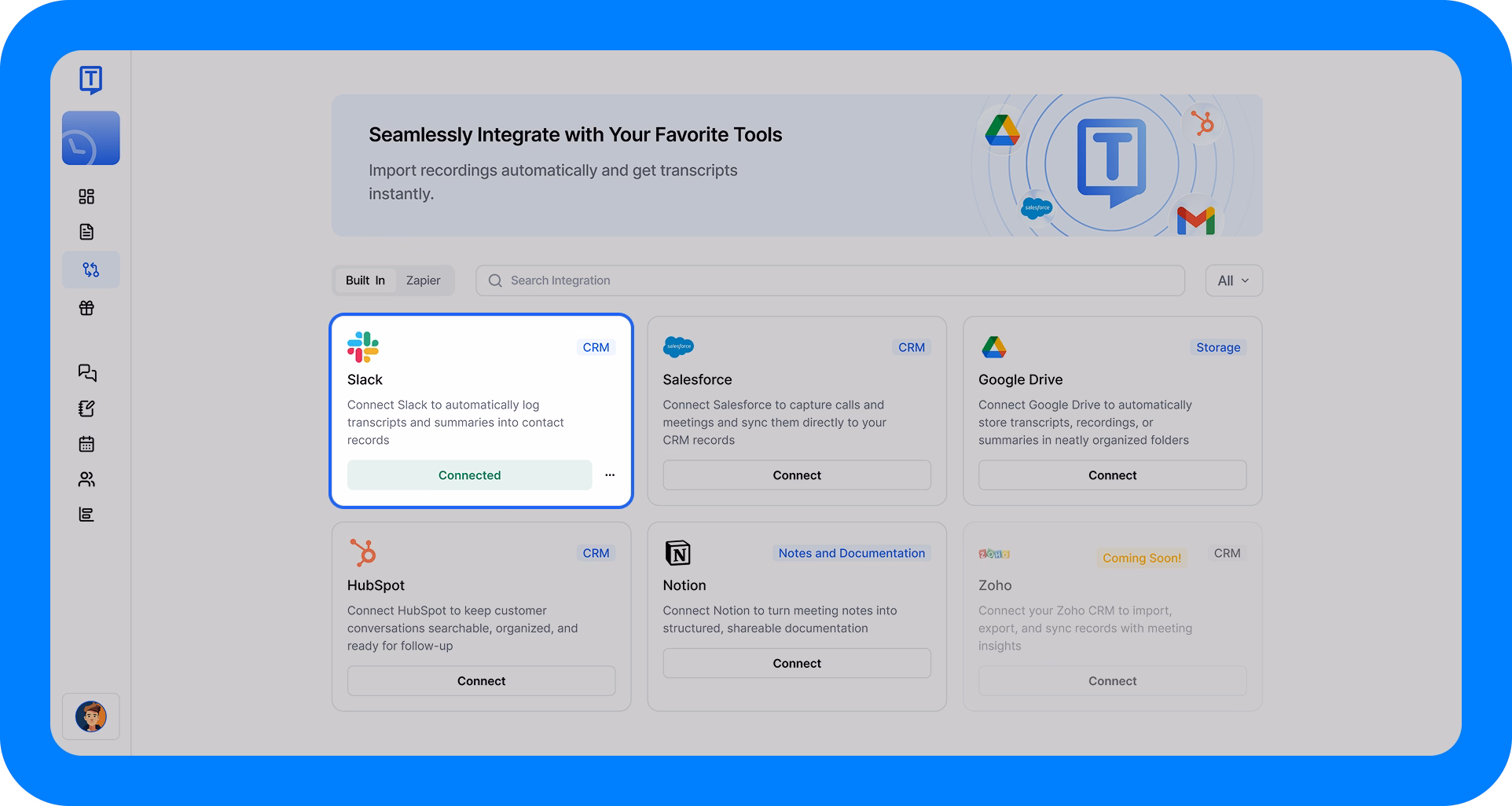 CRM araçlarını bağlamak ve yönetmek için Transkriptor'da Slack entegrasyon arayüzü.