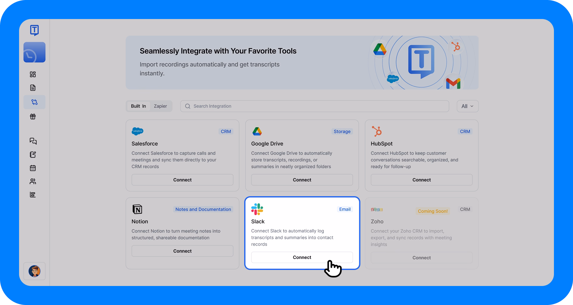 Otomatik kayıt için Transkriptor arayüzünde vurgulanan Slack entegrasyon seçeneği.