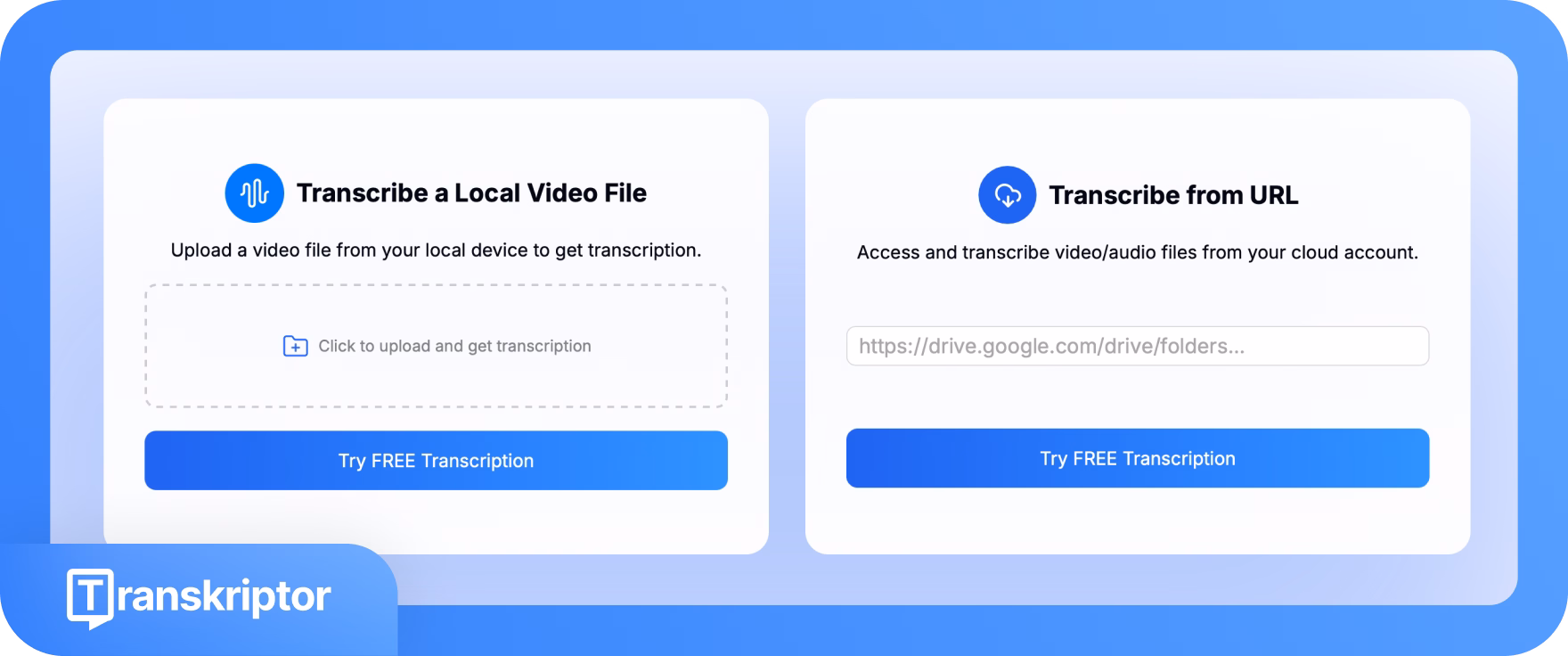 Interface do Transkriptor para transcrição de arquivos locais ou a partir de URL.