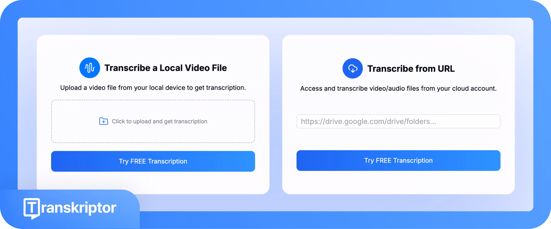 Interface do Transkriptor para transcrição de vídeos a partir de arquivos locais ou URLs.