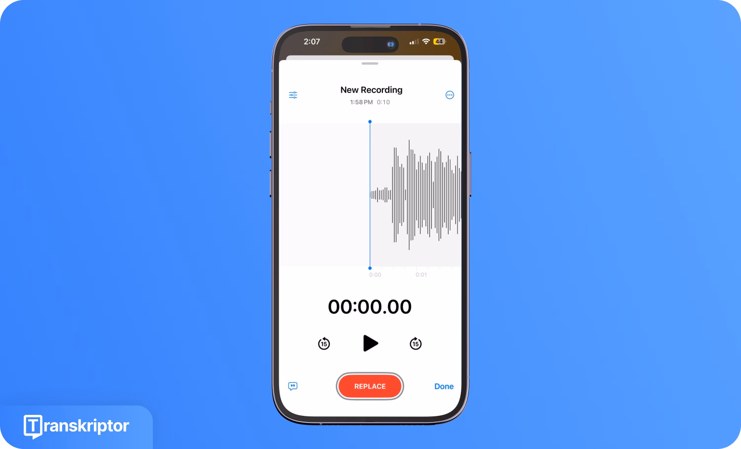 iPhone screen displaying a voice memo recording interface with Transkriptor logo.