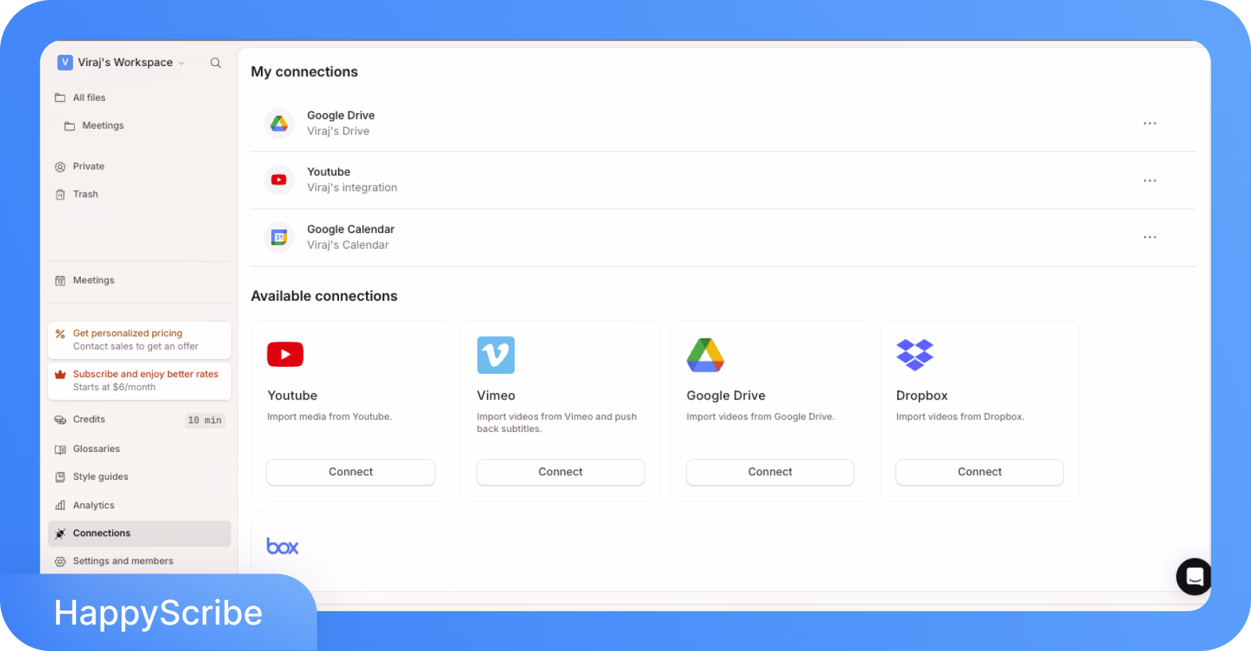 Antarmuka HappyScribe menampilkan aplikasi terhubung seperti Google Drive, Youtube, dan Google Calendar, dengan opsi untuk koneksi tambahan.
