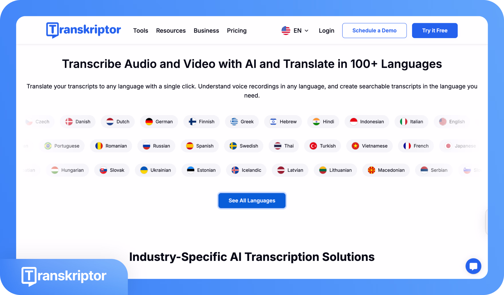 Antarmuka alat Transkriptor untuk mentranskripsikan dan menerjemahkan audio dan video dalam 100+ bahasa.